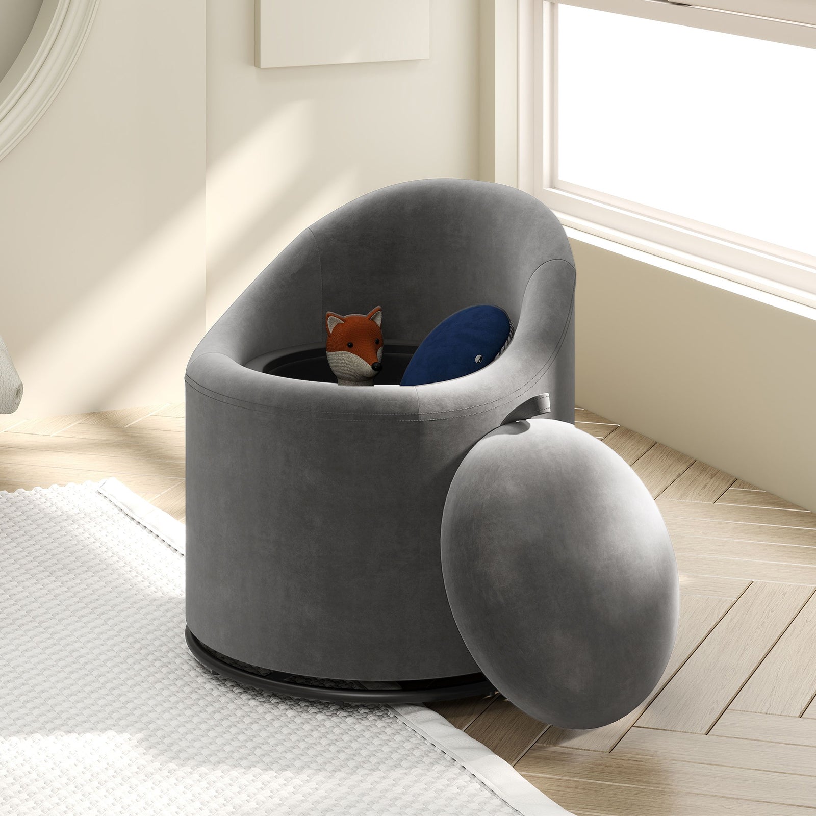 Barrel Chair with Storage 360° Swivel Upholstered Vanity Chair-Gray