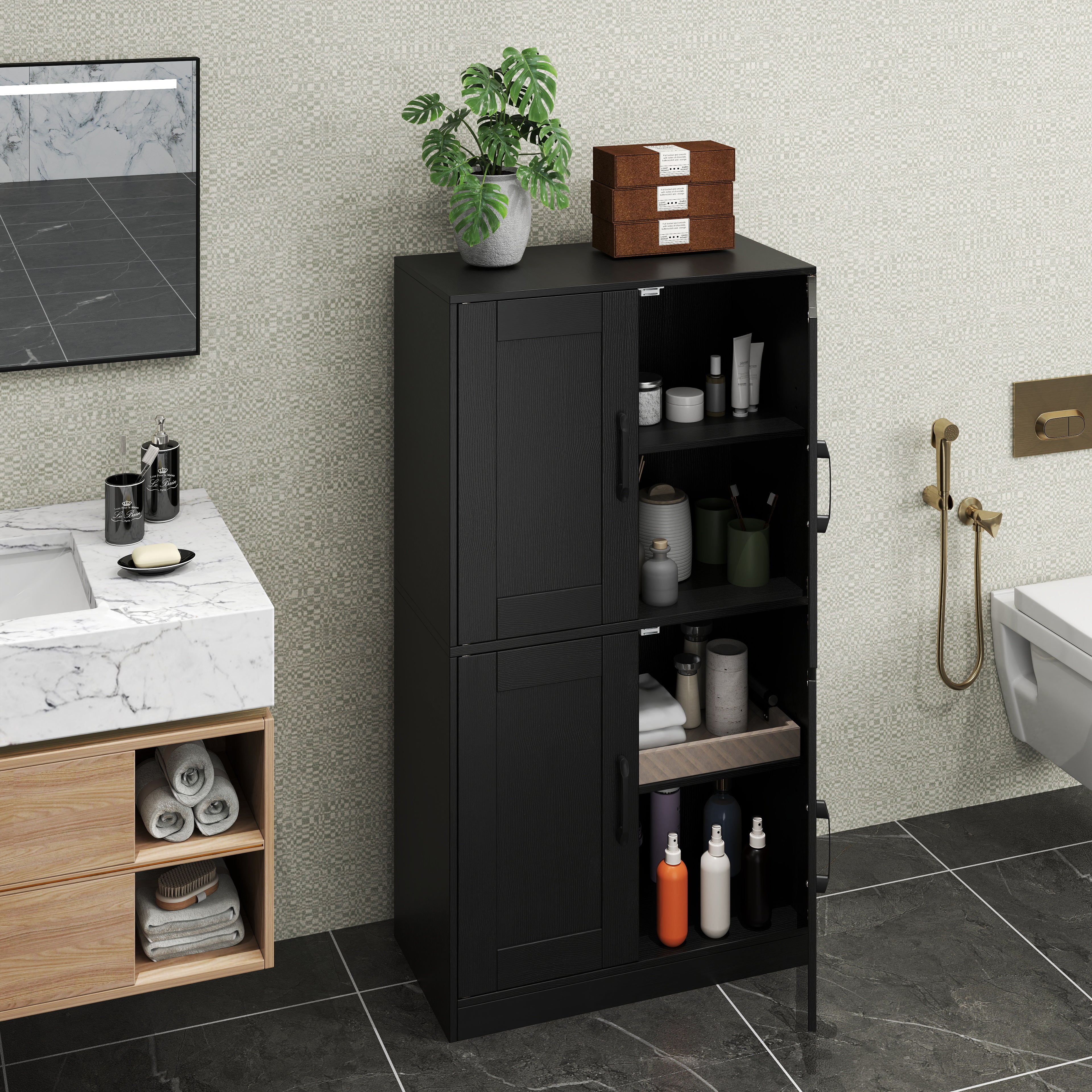 Bathroom Cabinet 43.5 inch Storage Cabinet with Doors and Adjustable Shelves-Black