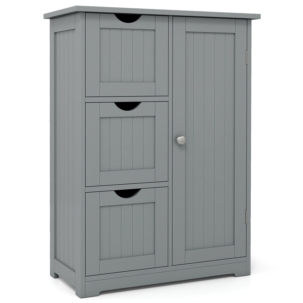 Bathroom Floor Cabinet Side Storage Cabinet with 3 Drawers and 1 Cupboard-Gray