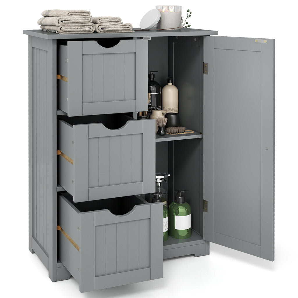 Bathroom Floor Cabinet Side Storage Cabinet with 3 Drawers and 1 Cupboard-Gray