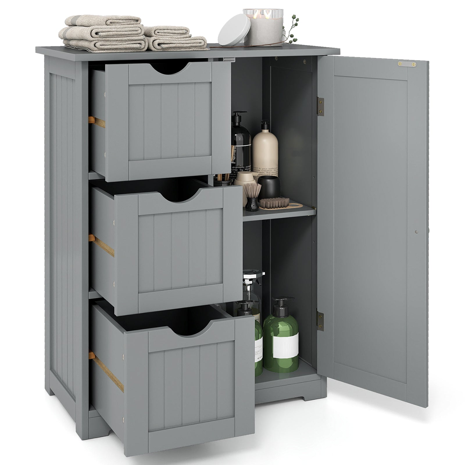 Bathroom Floor Cabinet Side Storage Cabinet with 3 Drawers and 1 Cupboard-Gray