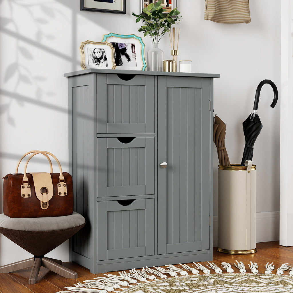Bathroom Floor Cabinet Side Storage Cabinet with 3 Drawers and 1 Cupboard-Gray