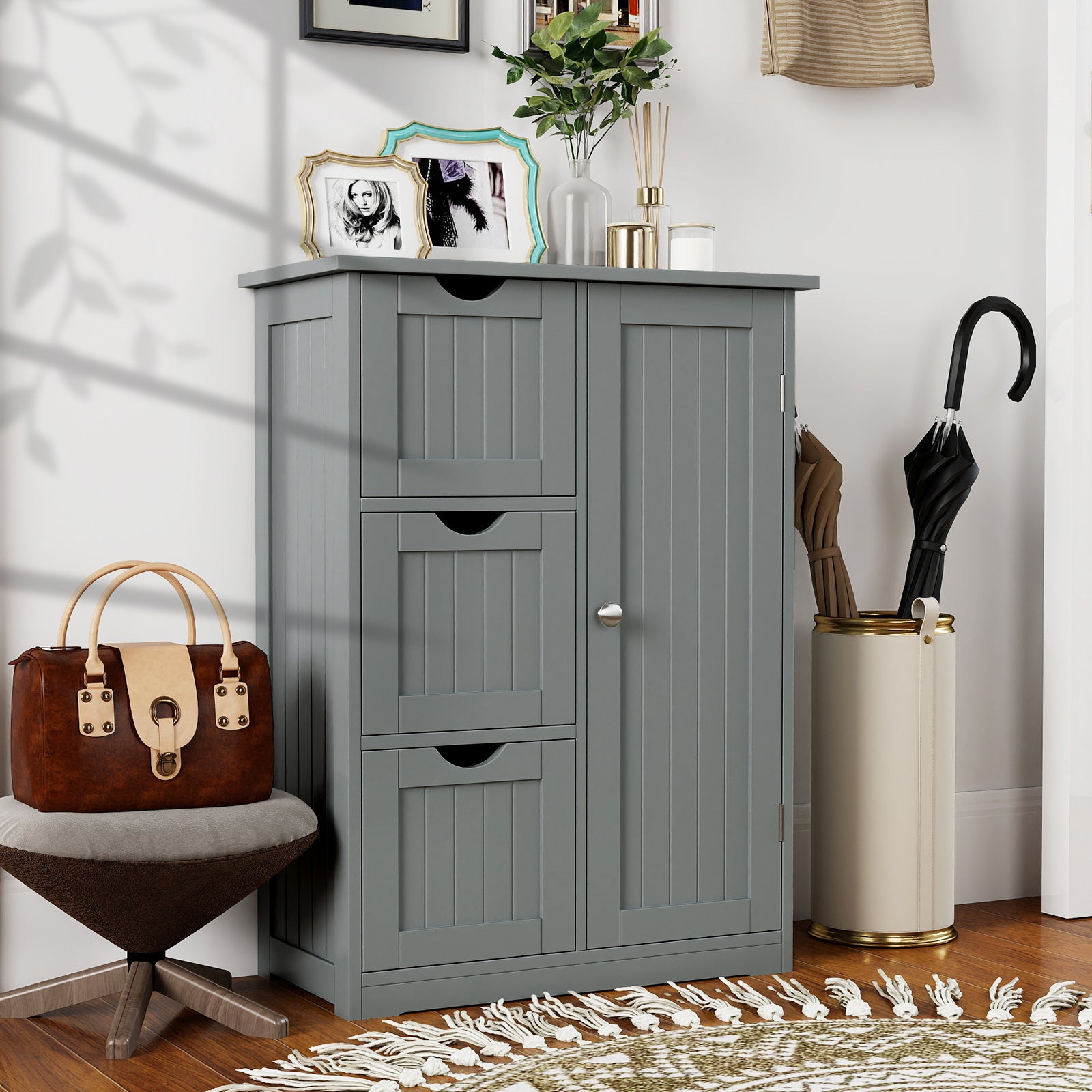 Bathroom Floor Cabinet Side Storage Cabinet with 3 Drawers and 1 Cupboard-Gray