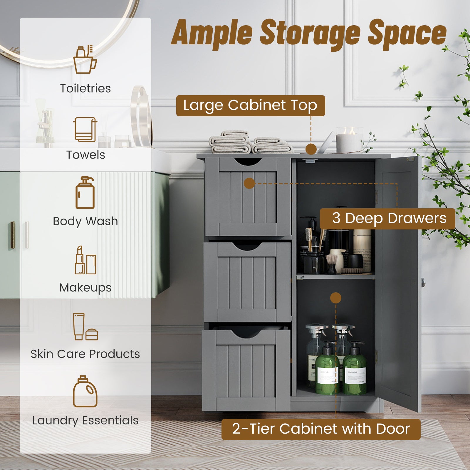Bathroom Floor Cabinet Side Storage Cabinet with 3 Drawers and 1 Cupboard-Gray