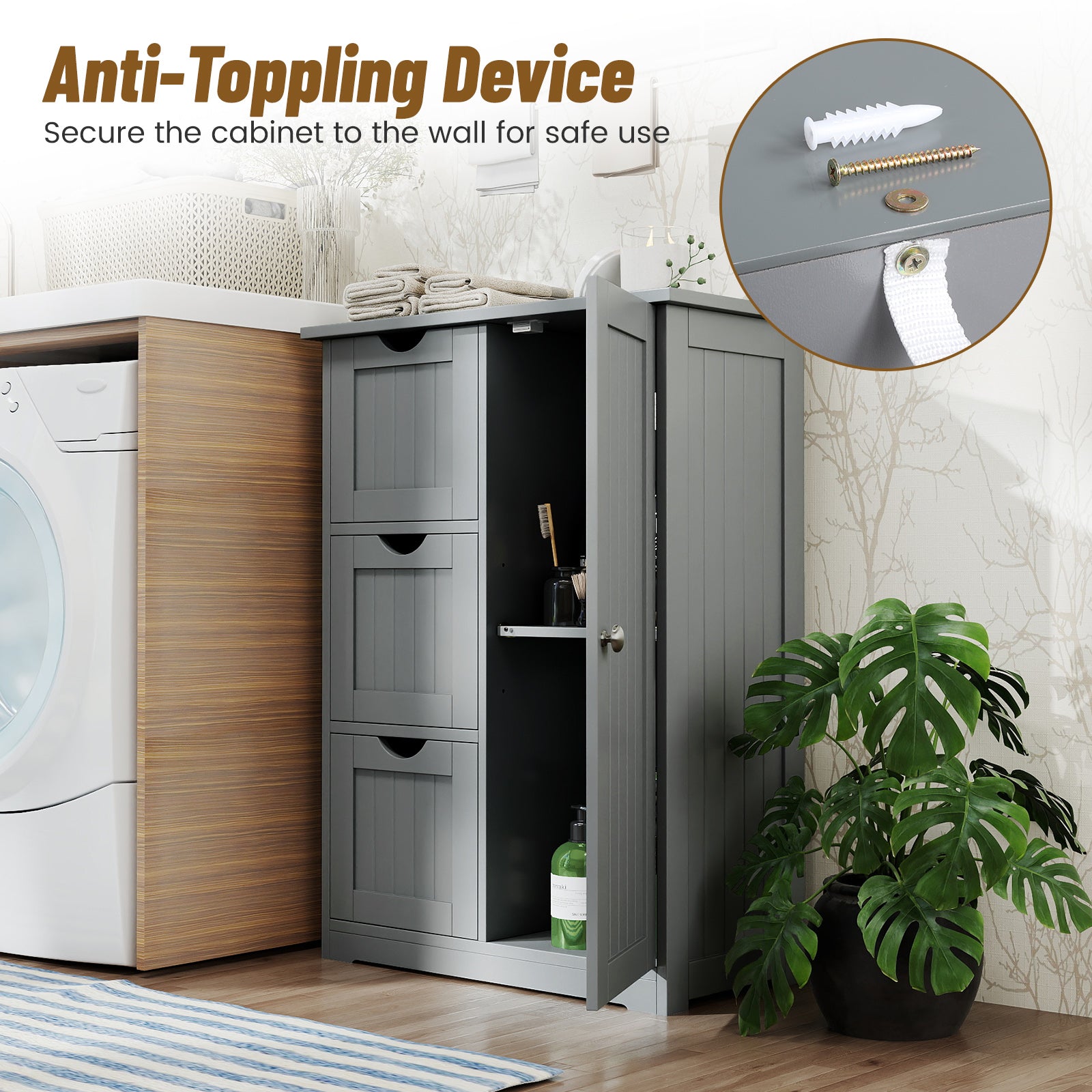 Bathroom Floor Cabinet Side Storage Cabinet with 3 Drawers and 1 Cupboard-Gray