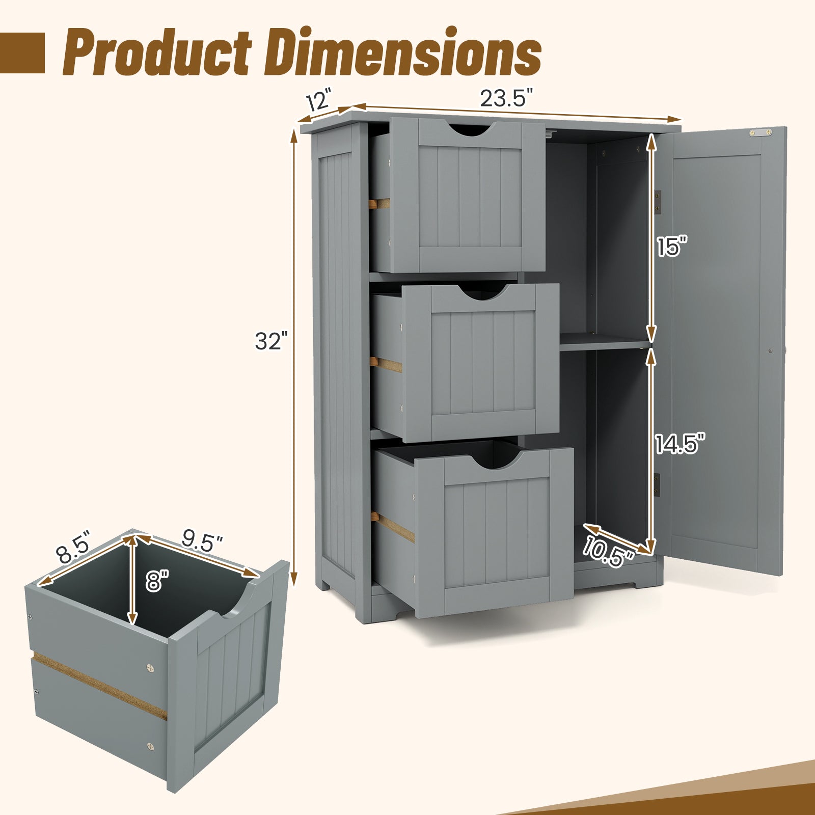Bathroom Floor Cabinet Side Storage Cabinet with 3 Drawers and 1 Cupboard-Gray