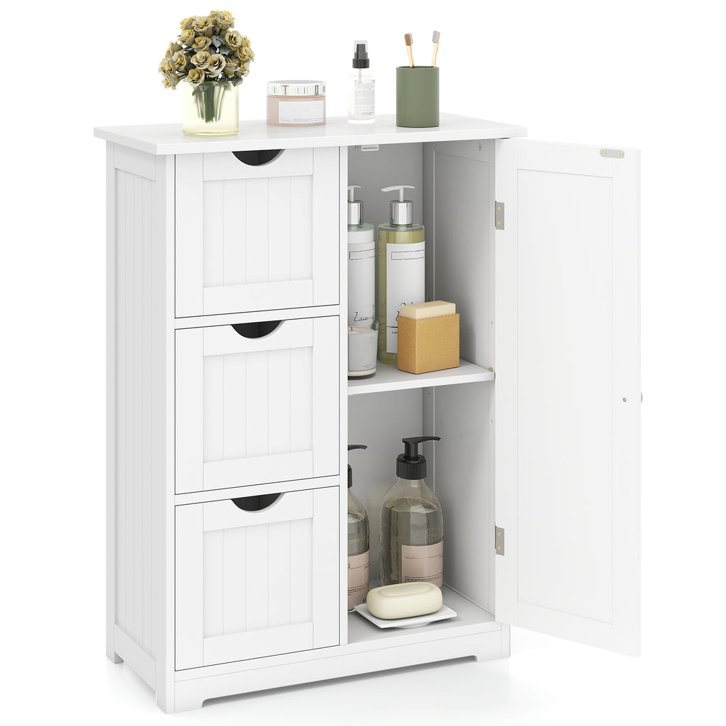 Bathroom Floor Cabinet Side Storage Cabinet with 3 Drawers and 1 Cupboard-White