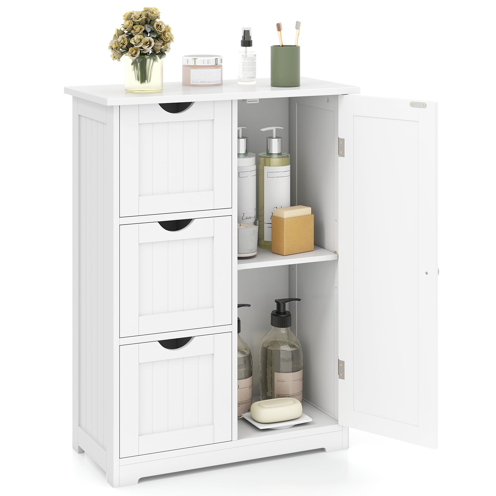 Bathroom Floor Cabinet Side Storage Cabinet with 3 Drawers and 1 Cupboard-White