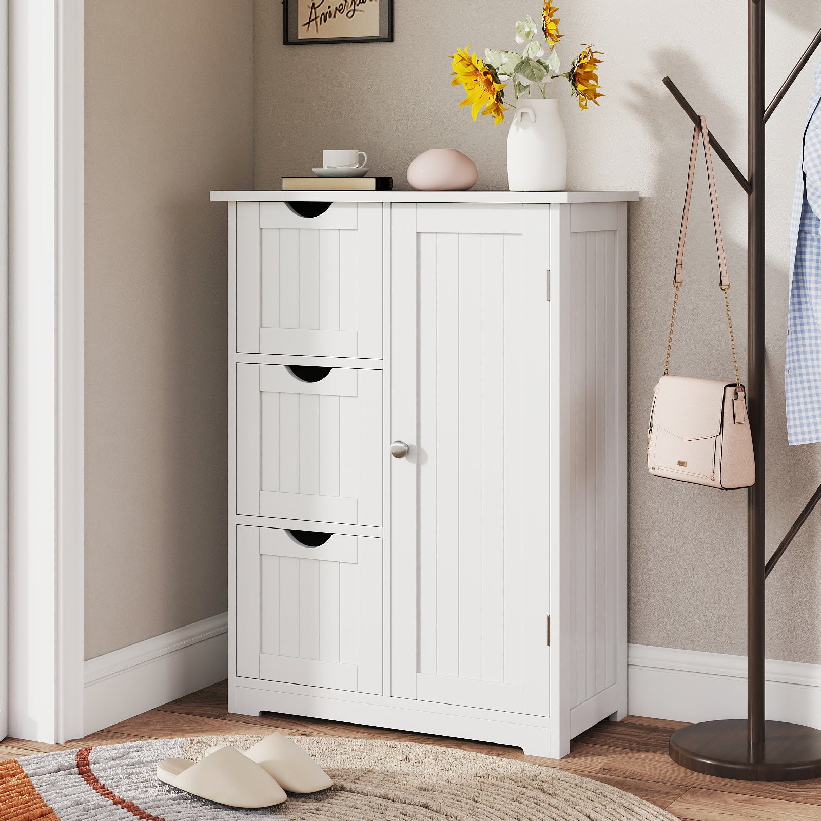 Bathroom Floor Cabinet Side Storage Cabinet with 3 Drawers and 1 Cupboard-White