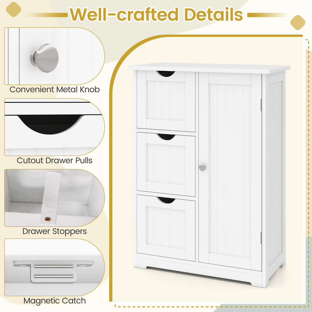 Bathroom Floor Cabinet Side Storage Cabinet with 3 Drawers and 1 Cupboard-White