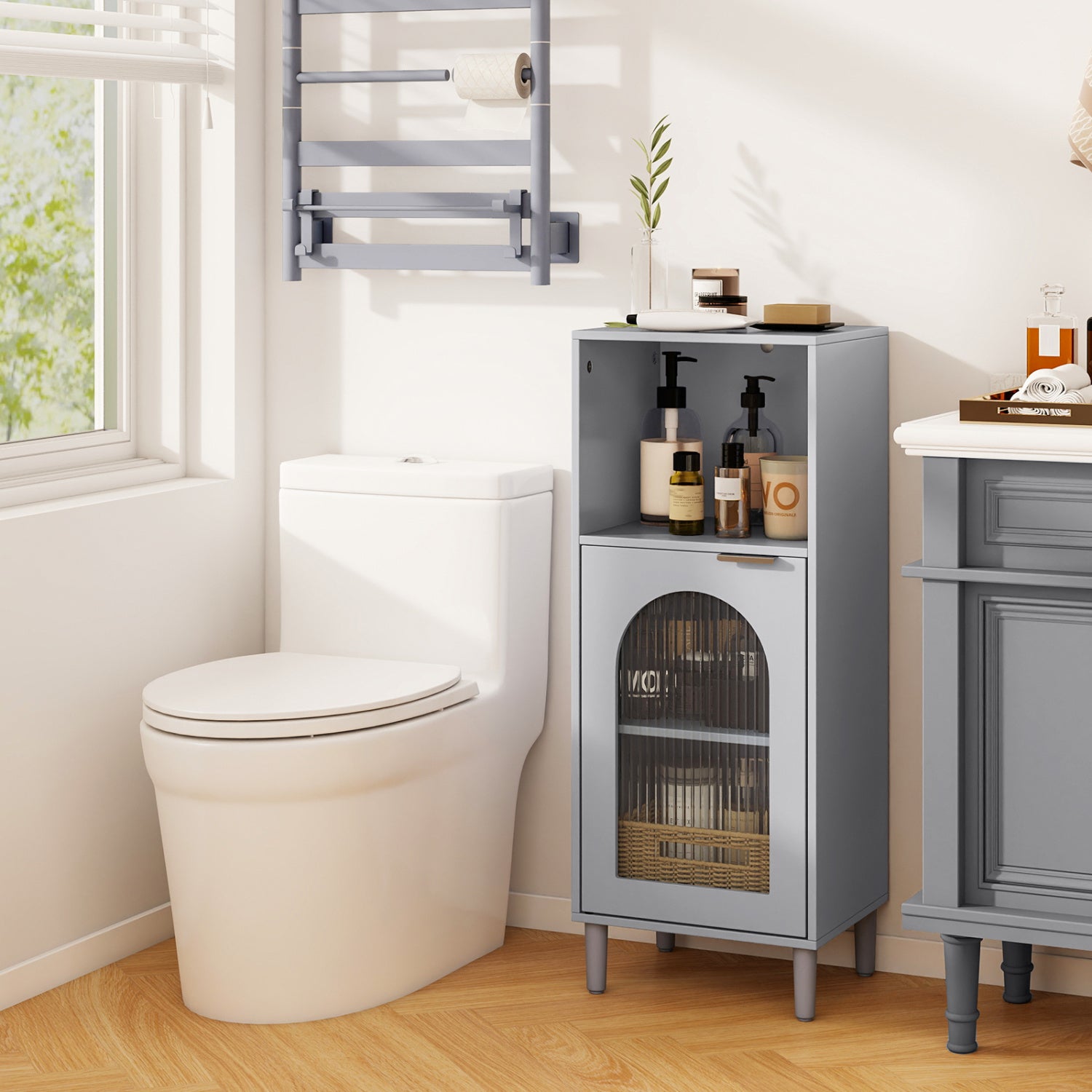 Bathroom Floor Cabinet Wood Side Storage Organizer with Adjustable Shelf-Gray
