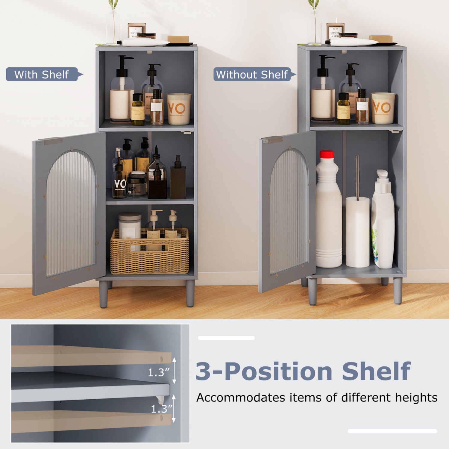 Bathroom Floor Cabinet Wood Side Storage Organizer with Adjustable Shelf-Gray