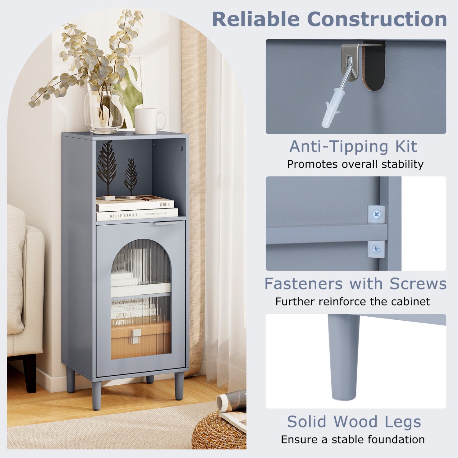 Bathroom Floor Cabinet Wood Side Storage Organizer with Adjustable Shelf-Gray
