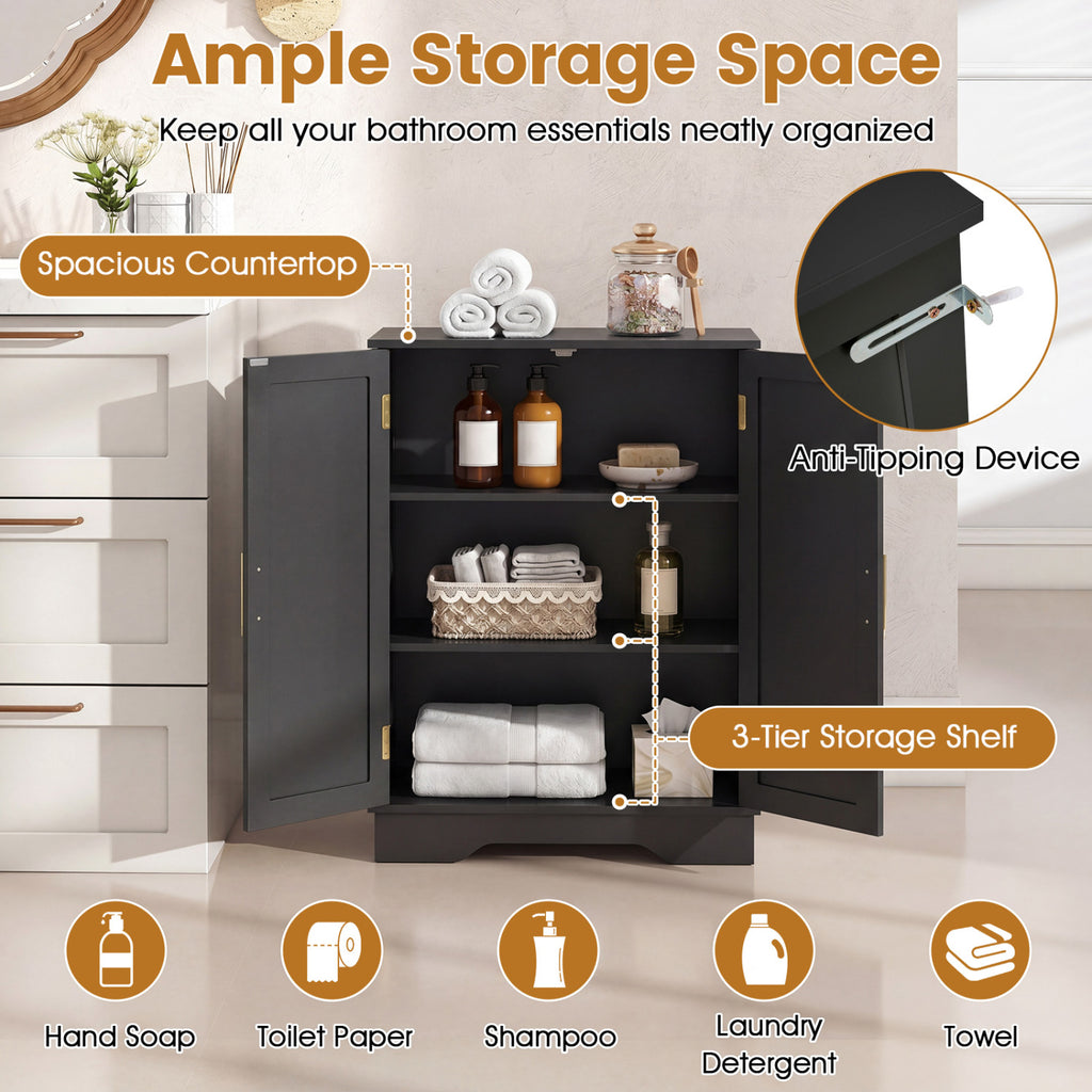 Bathroom Floor Storage Cabinet with 2 Doors and Adjustable Shelves-Black
