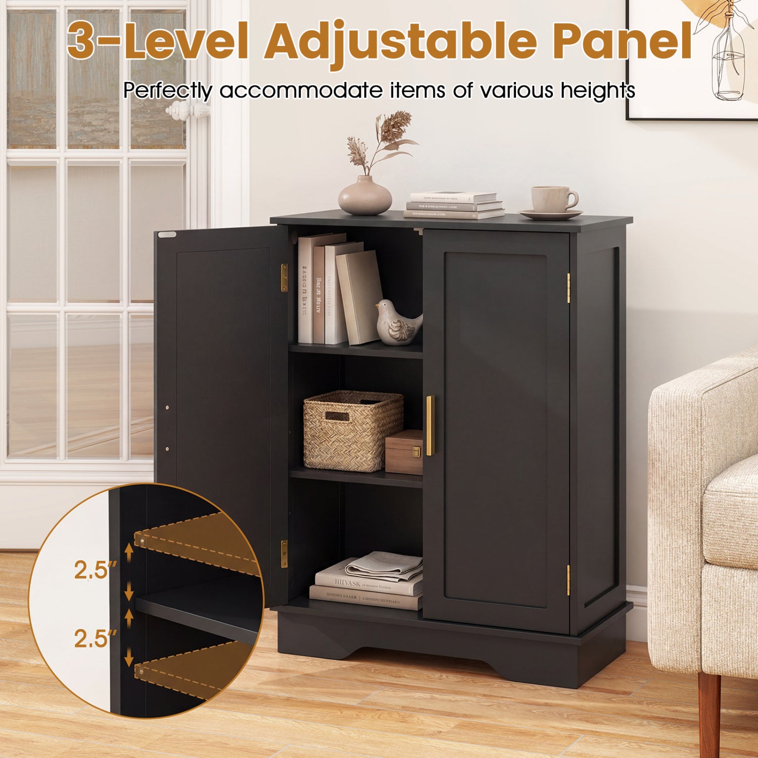 Bathroom Floor Storage Cabinet with 2 Doors and Adjustable Shelves-Black