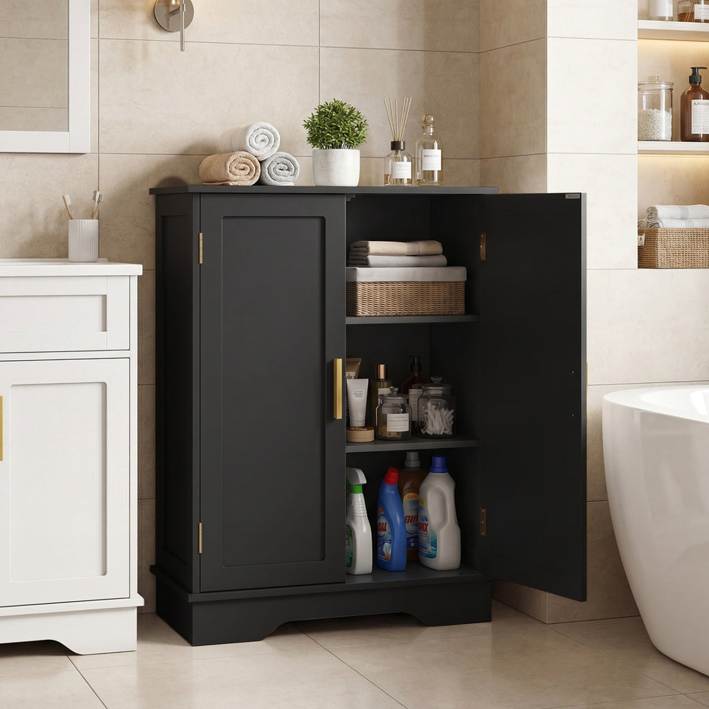 Bathroom Floor Storage Cabinet with 2 Doors and Adjustable Shelves-Black
