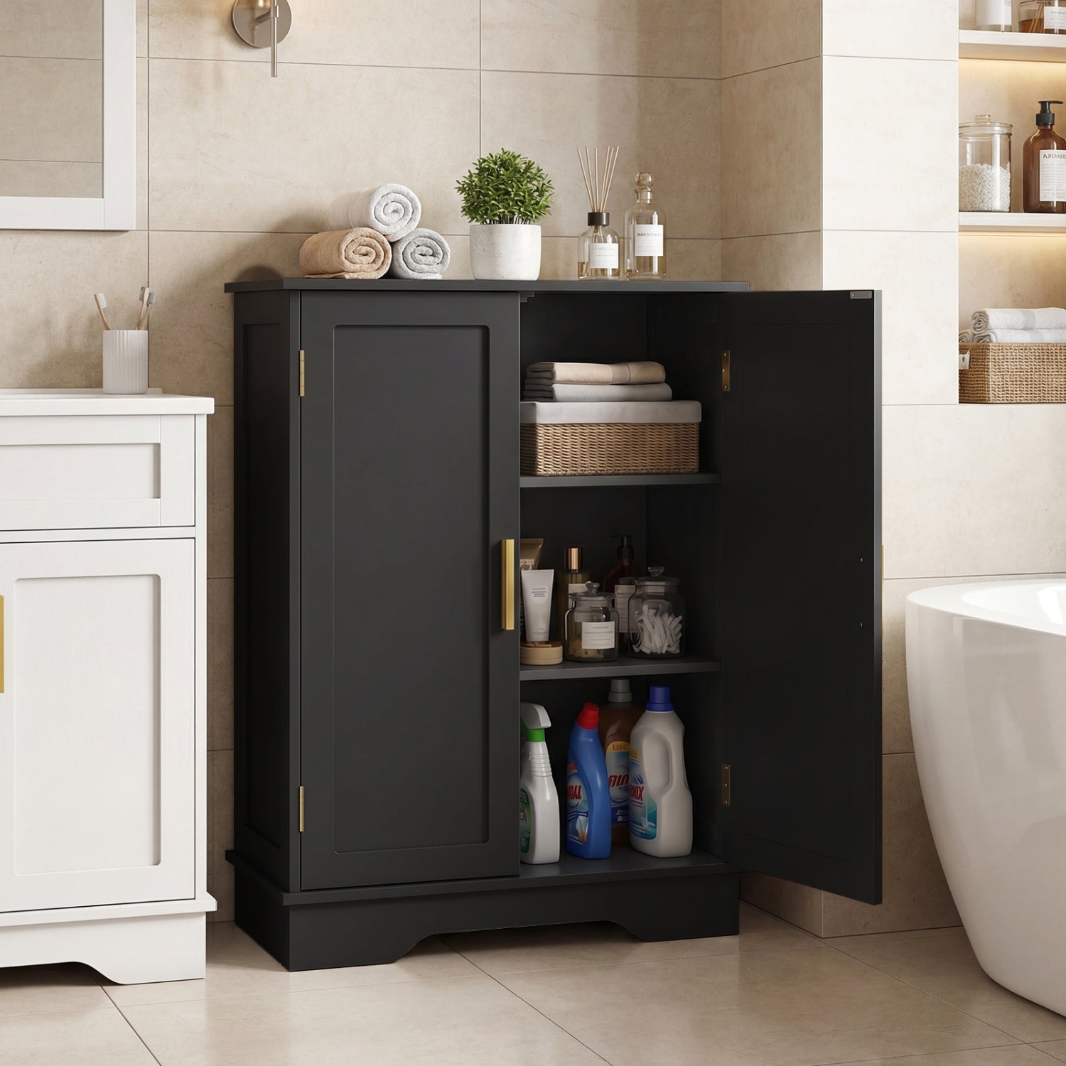 Bathroom Floor Storage Cabinet with 2 Doors and Adjustable Shelves-Black
