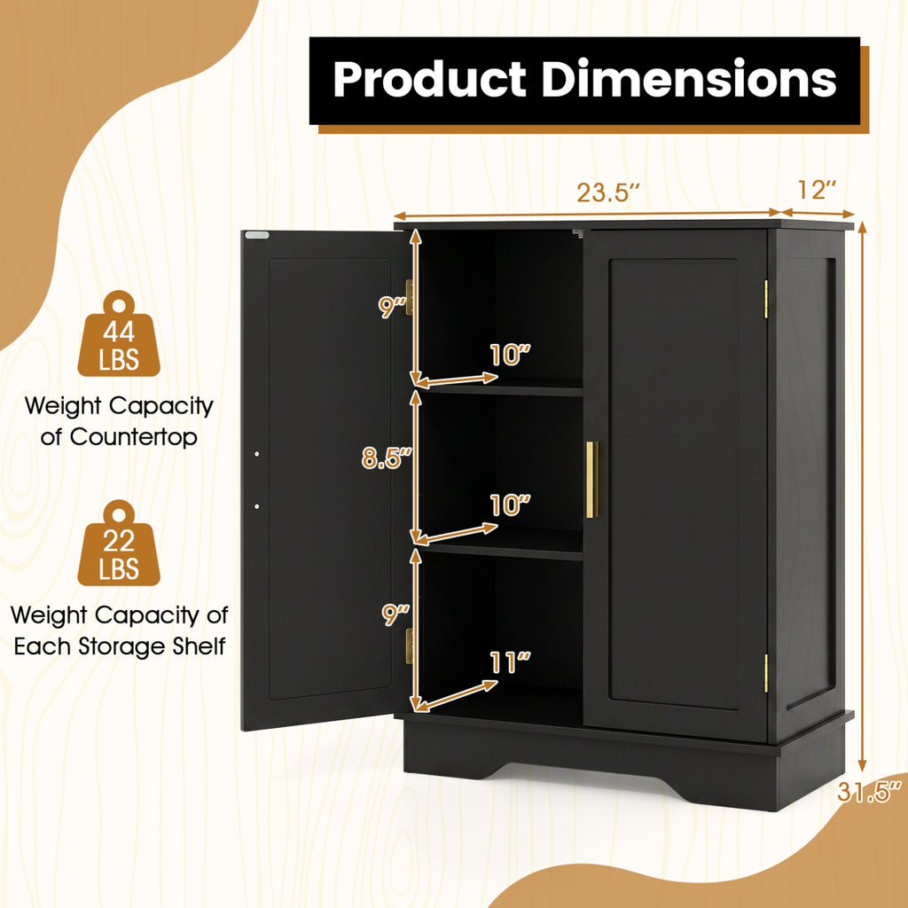 Bathroom Floor Storage Cabinet with 2 Doors and Adjustable Shelves-Black