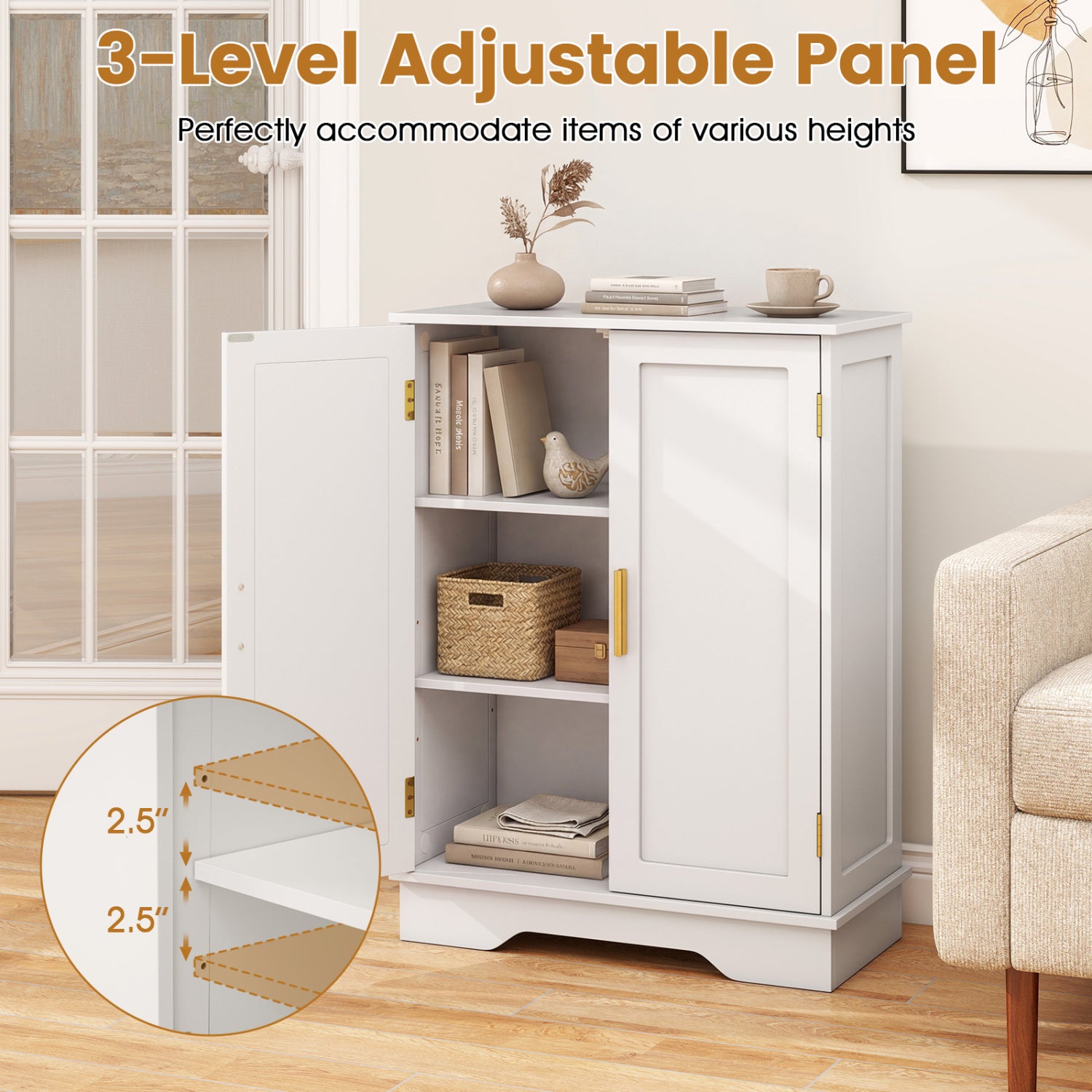 Bathroom Floor Storage Cabinet with 2 Doors and Adjustable Shelves-White