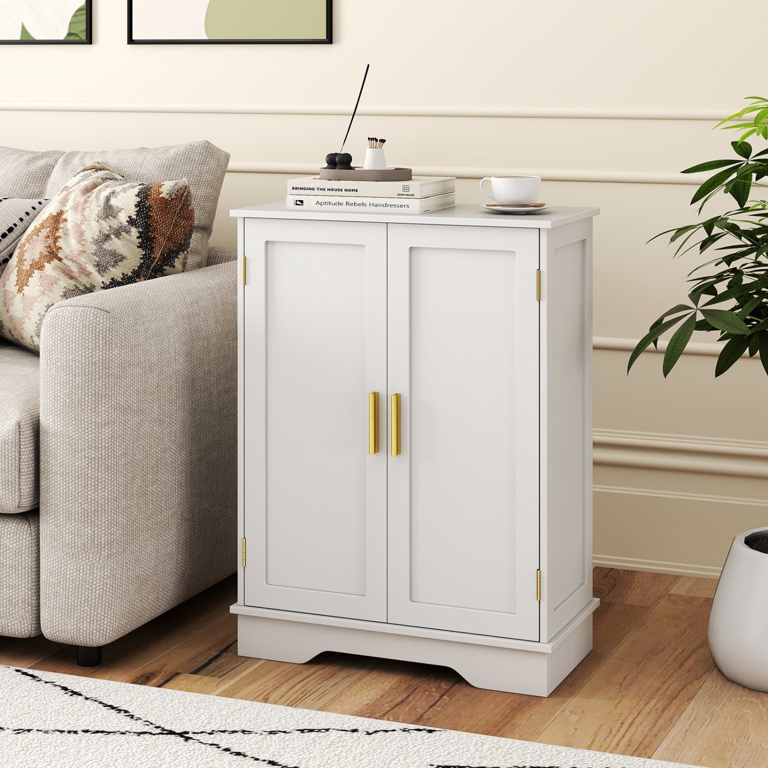 Bathroom Floor Storage Cabinet with 2 Doors and Adjustable Shelves-White