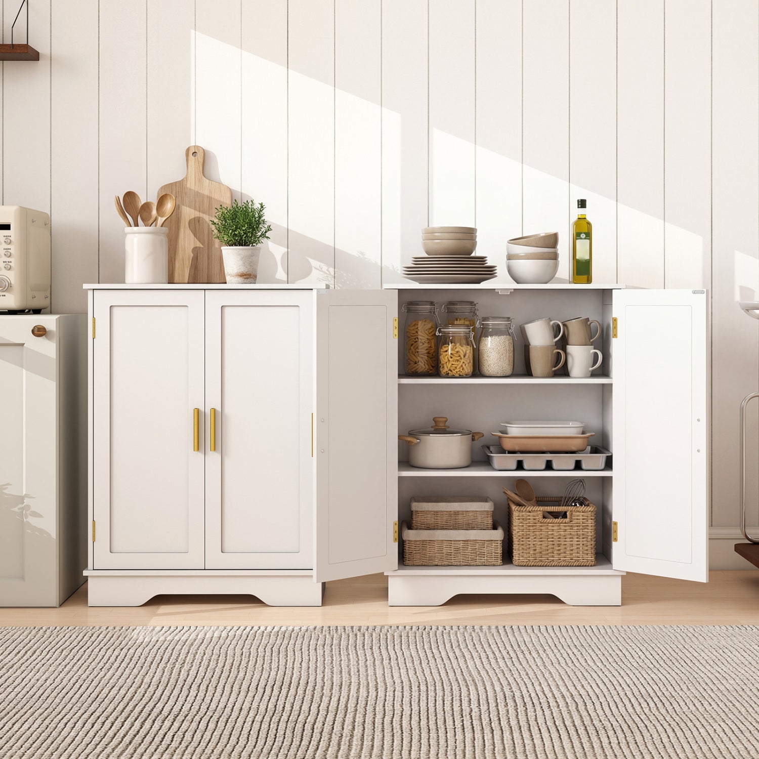 Bathroom Floor Storage Cabinet with 2 Doors and Adjustable Shelves-White