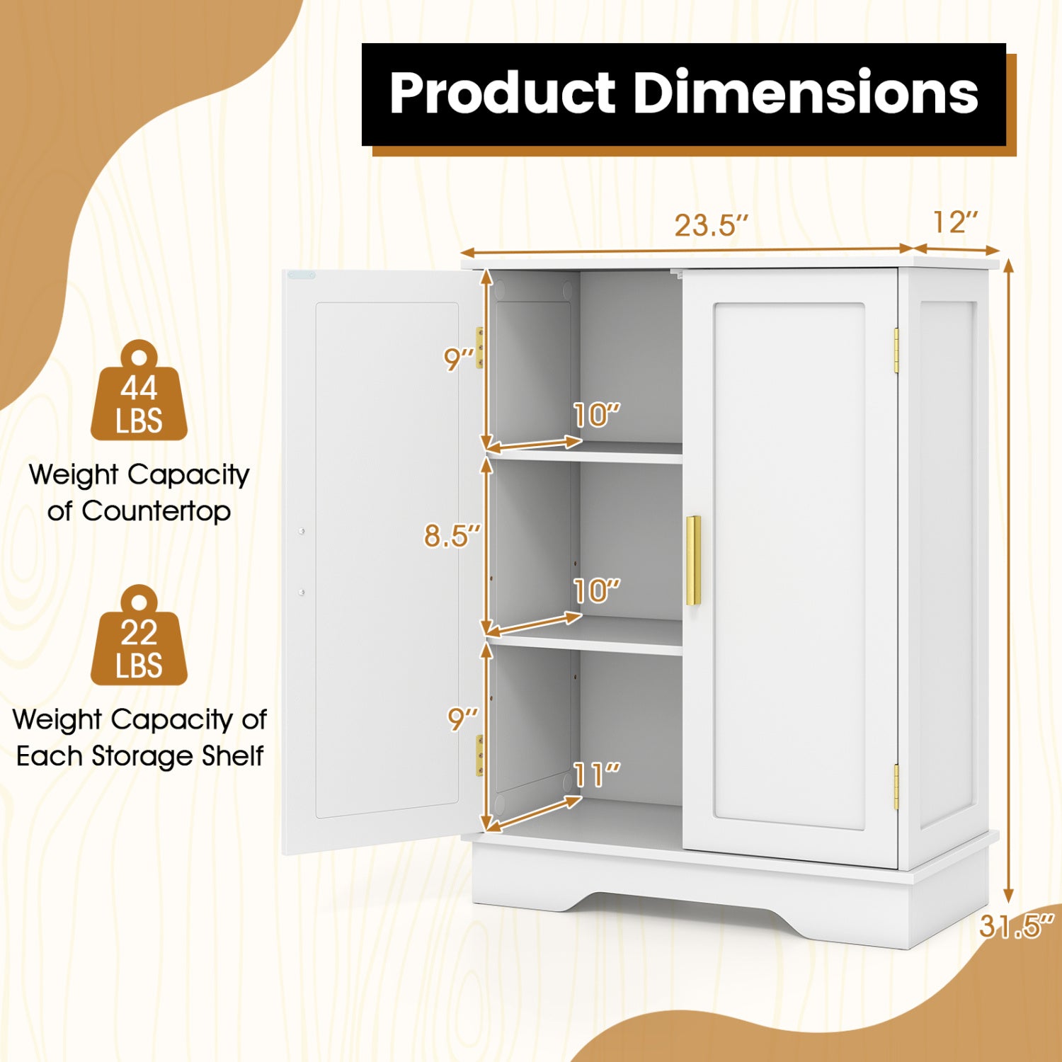 Bathroom Floor Storage Cabinet with 2 Doors and Adjustable Shelves-White