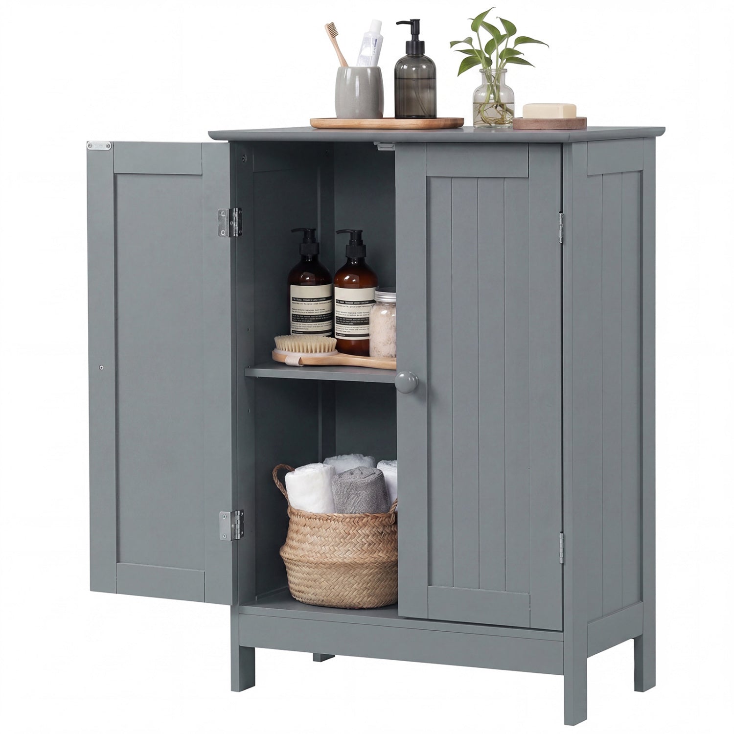 Bathroom Floor Storage Double Door Cupboard Cabinet-Gray