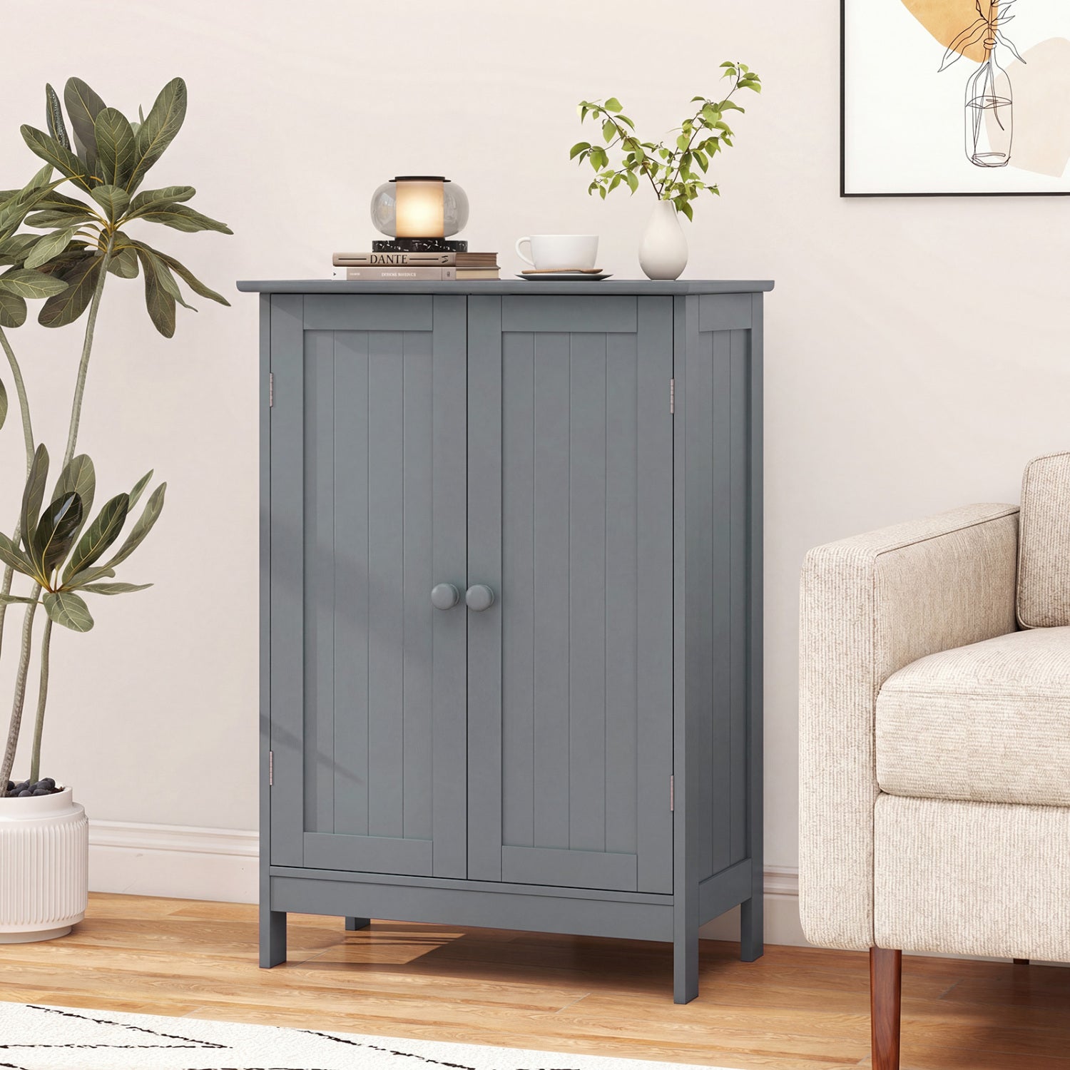 Bathroom Floor Storage Double Door Cupboard Cabinet-Gray