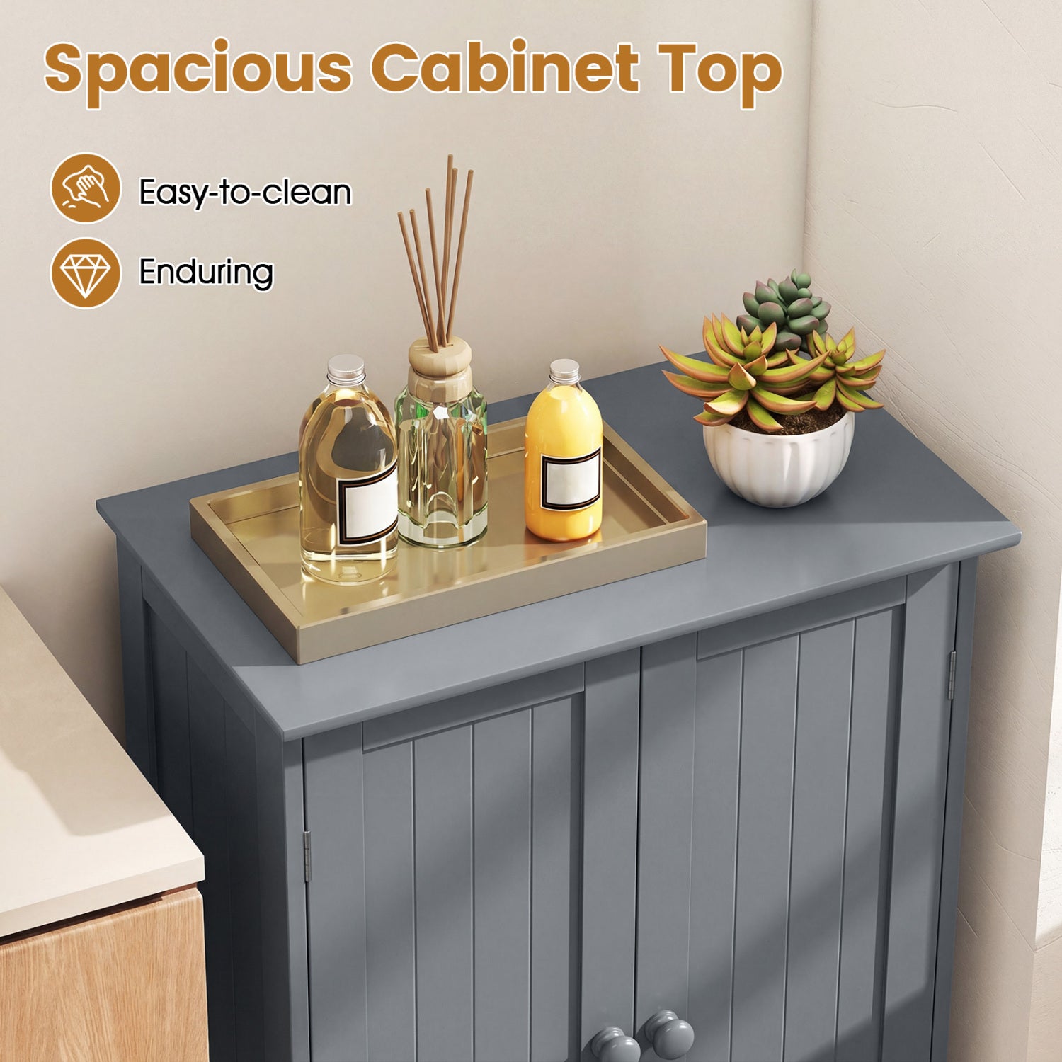 Bathroom Floor Storage Double Door Cupboard Cabinet-Gray