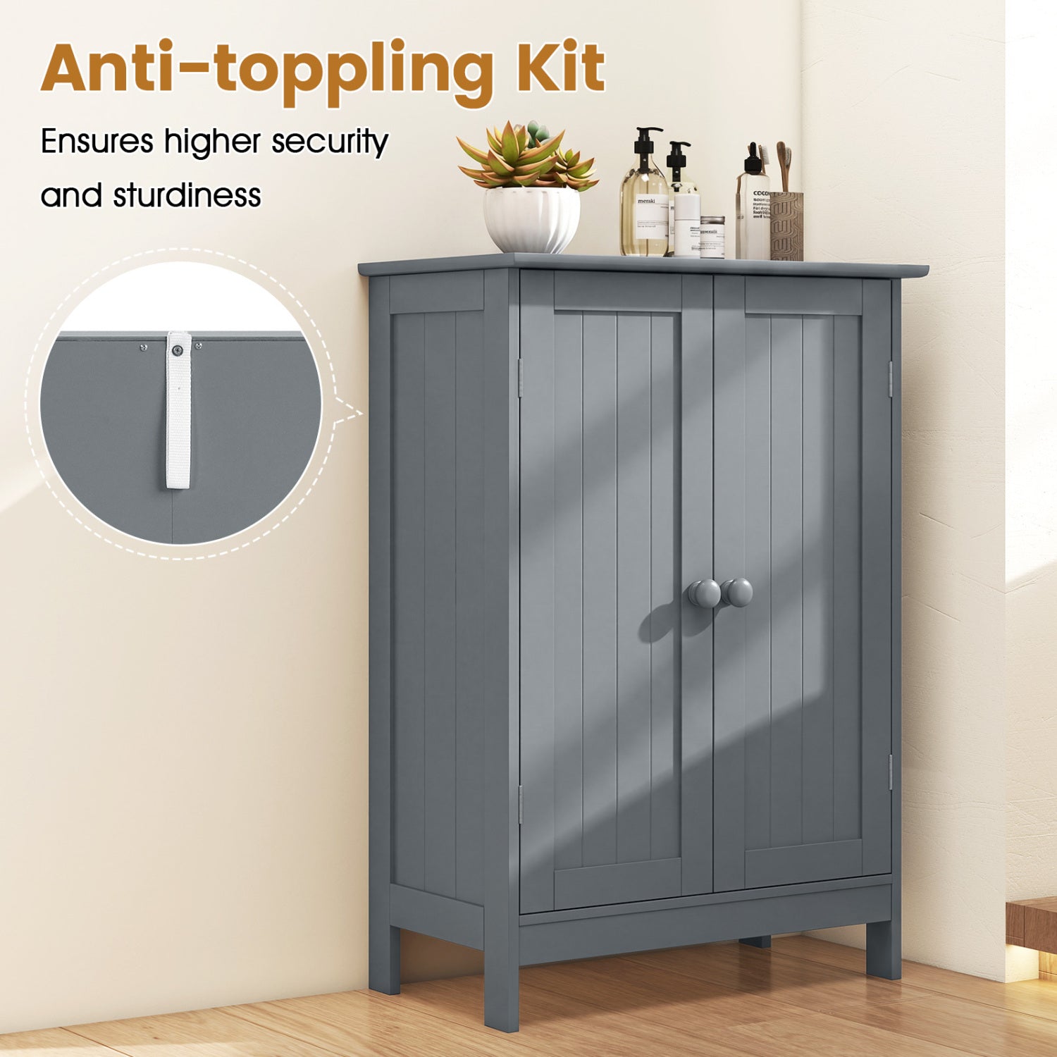 Bathroom Floor Storage Double Door Cupboard Cabinet-Gray