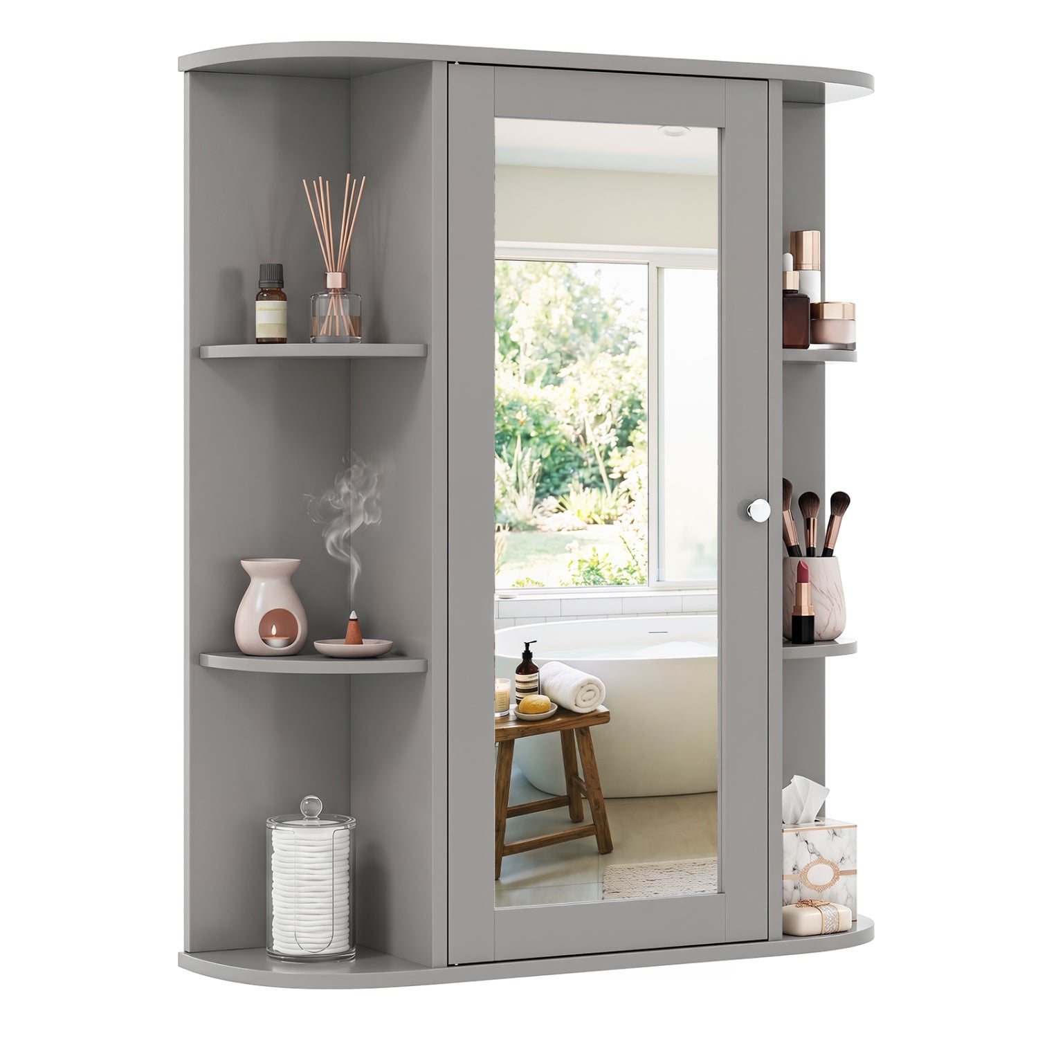 Bathroom Single Door Shelves Wall Mount Cabinet with Mirror-Gray