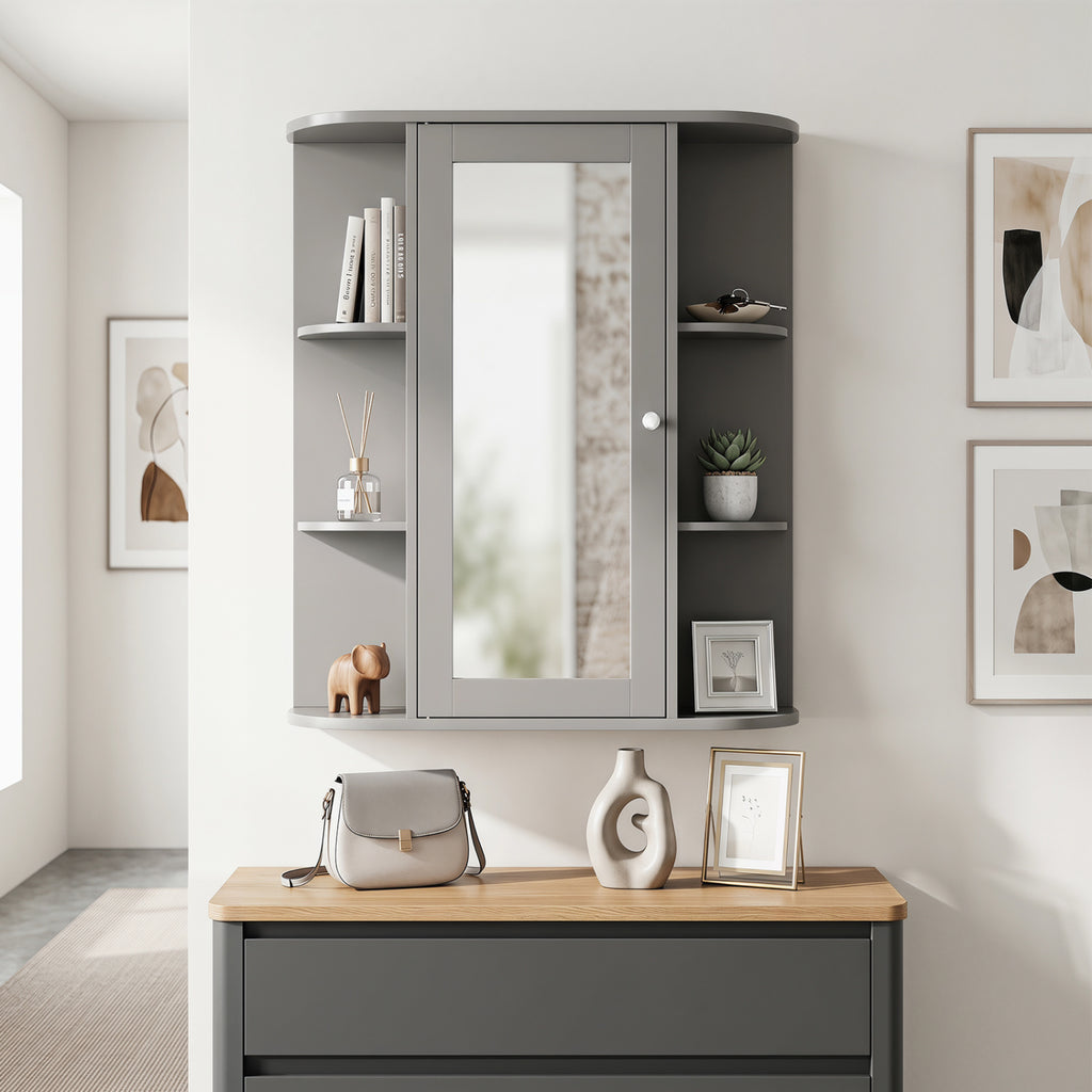 Bathroom Single Door Shelves Wall Mount Cabinet with Mirror-Gray