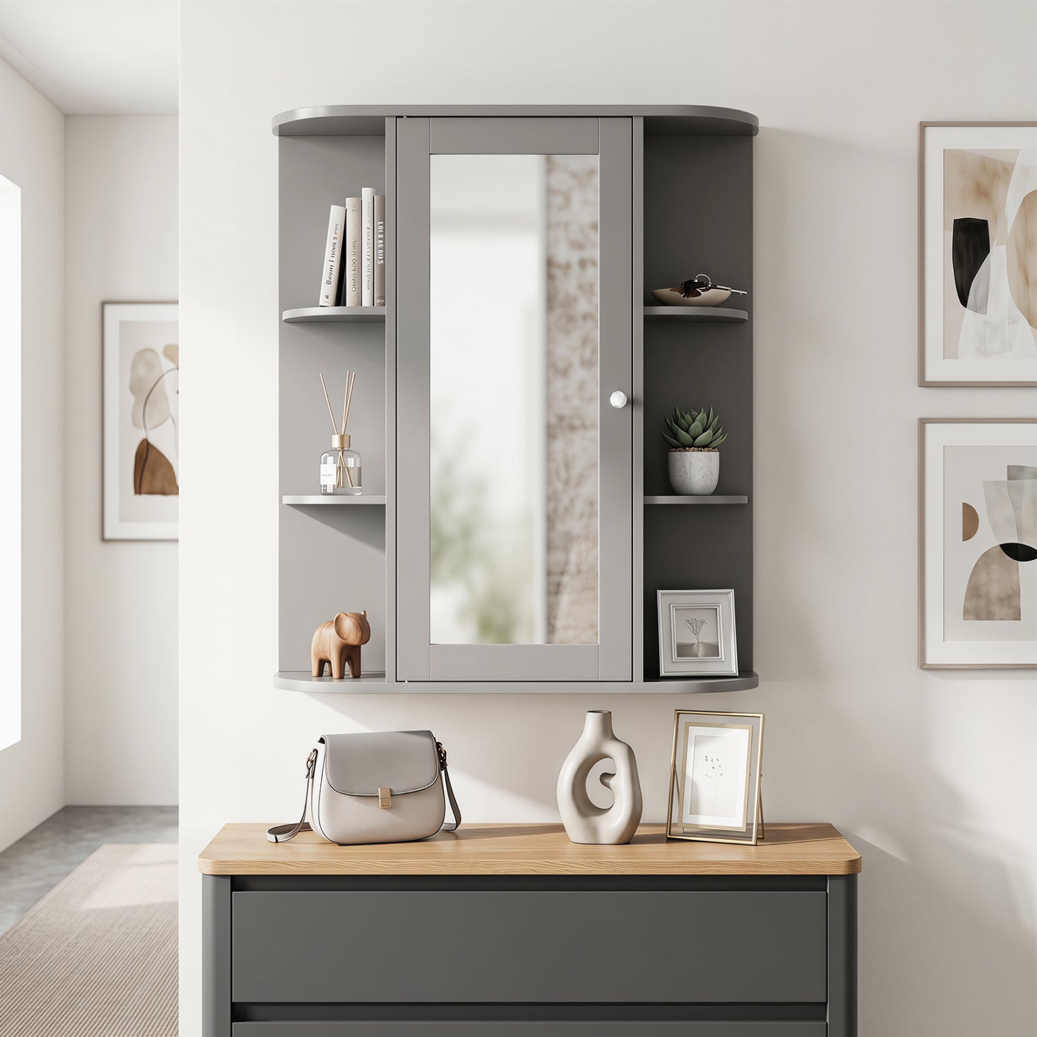 Bathroom Single Door Shelves Wall Mount Cabinet with Mirror-Gray