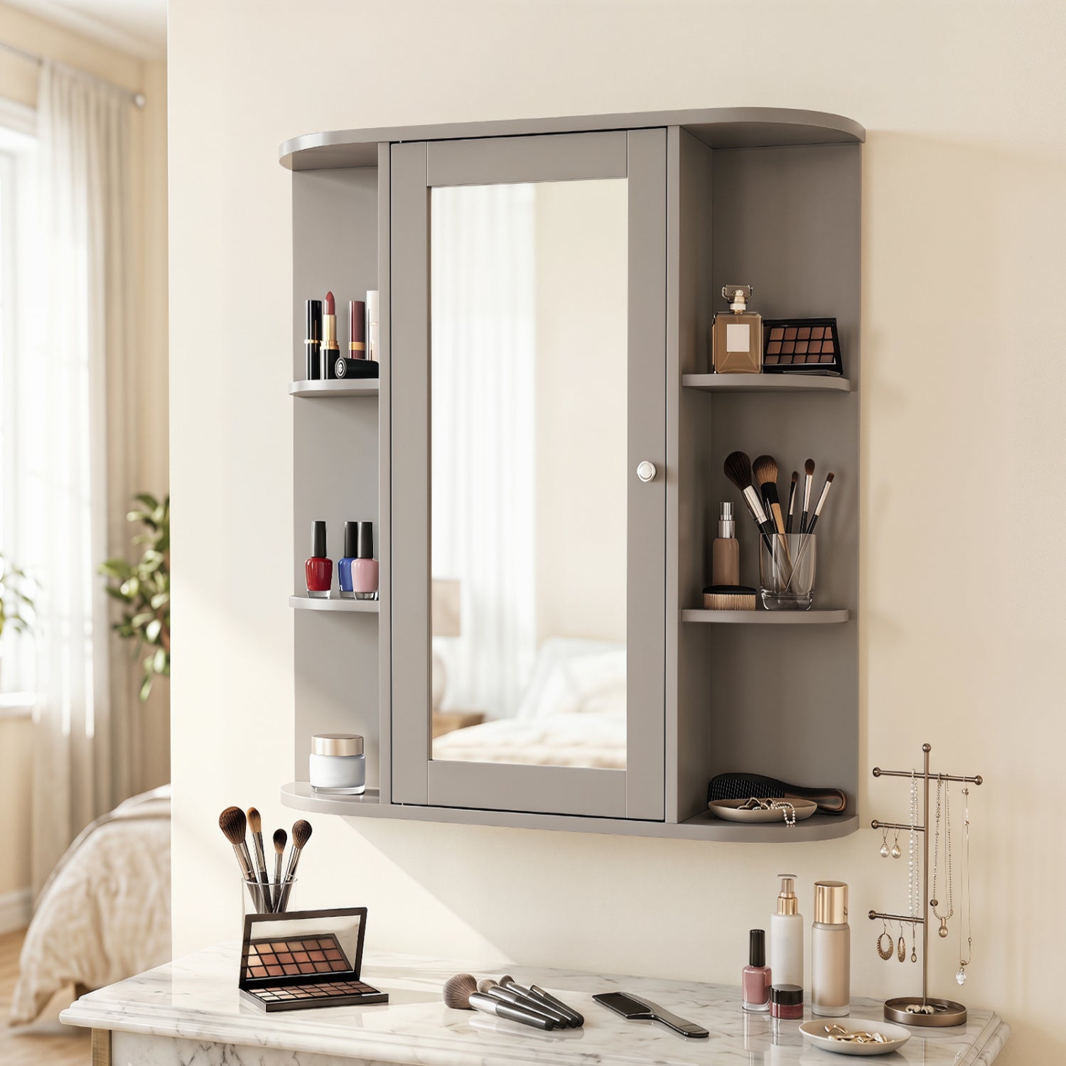 Bathroom Single Door Shelves Wall Mount Cabinet with Mirror-Gray