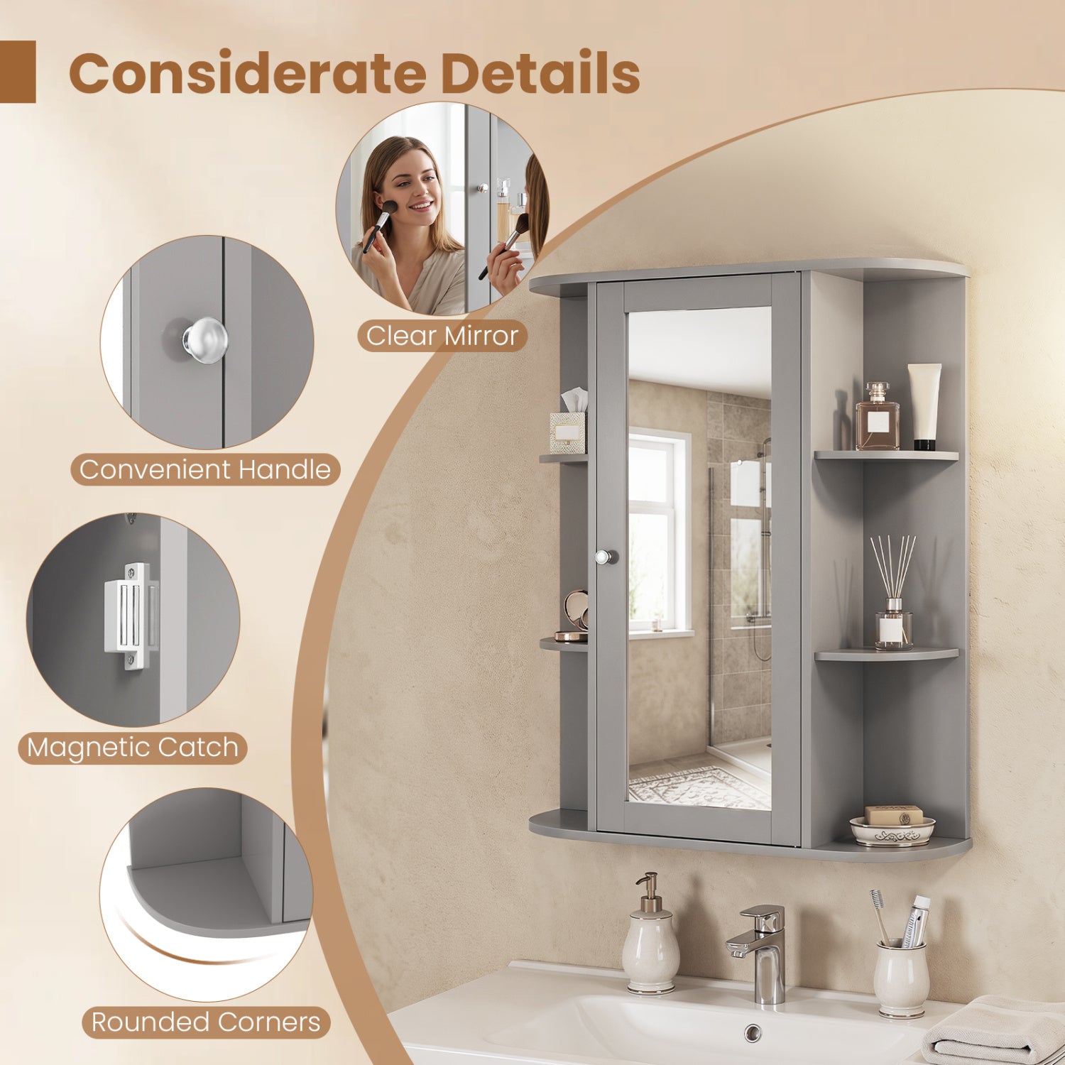 Bathroom Single Door Shelves Wall Mount Cabinet with Mirror-Gray