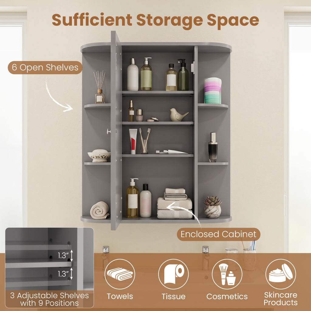Bathroom Single Door Shelves Wall Mount Cabinet with Mirror-Gray