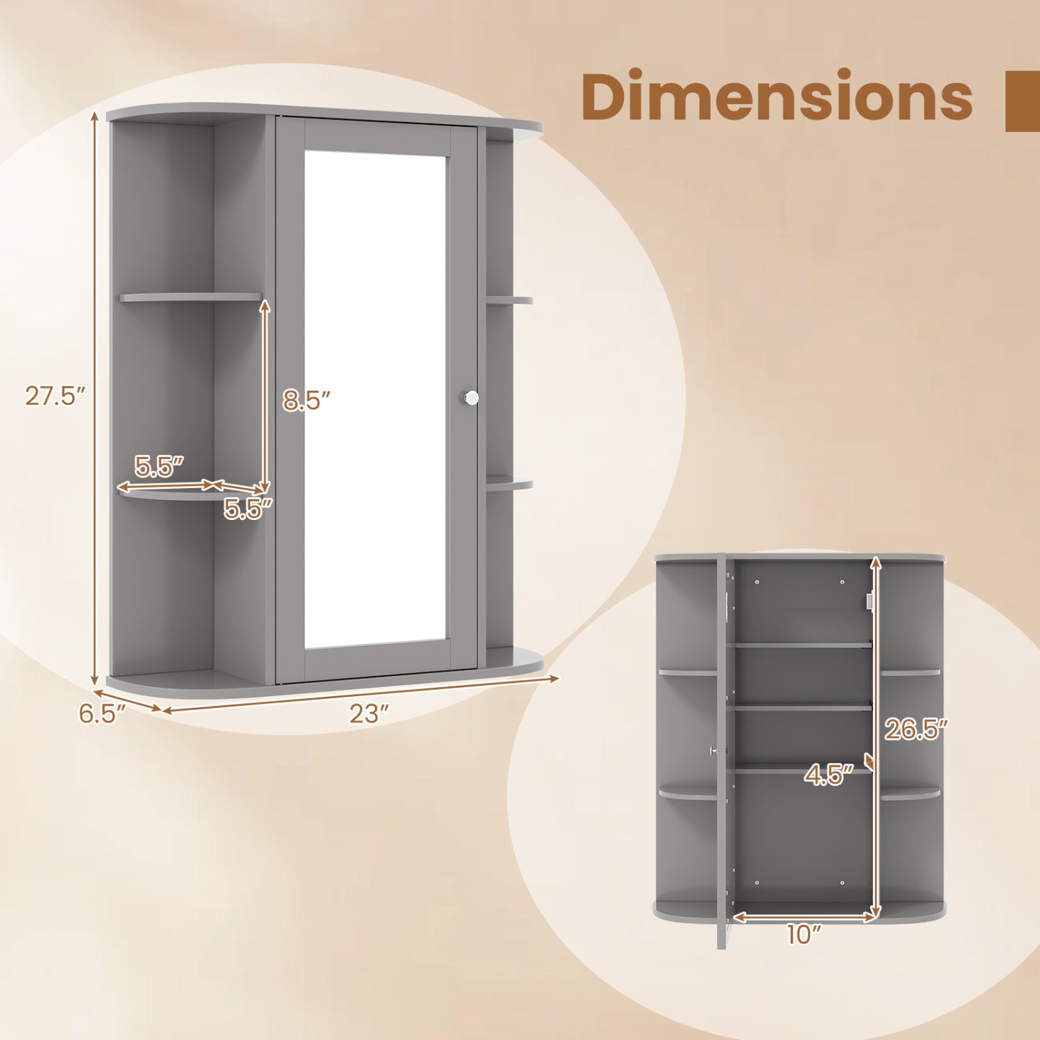 Bathroom Single Door Shelves Wall Mount Cabinet with Mirror-Gray