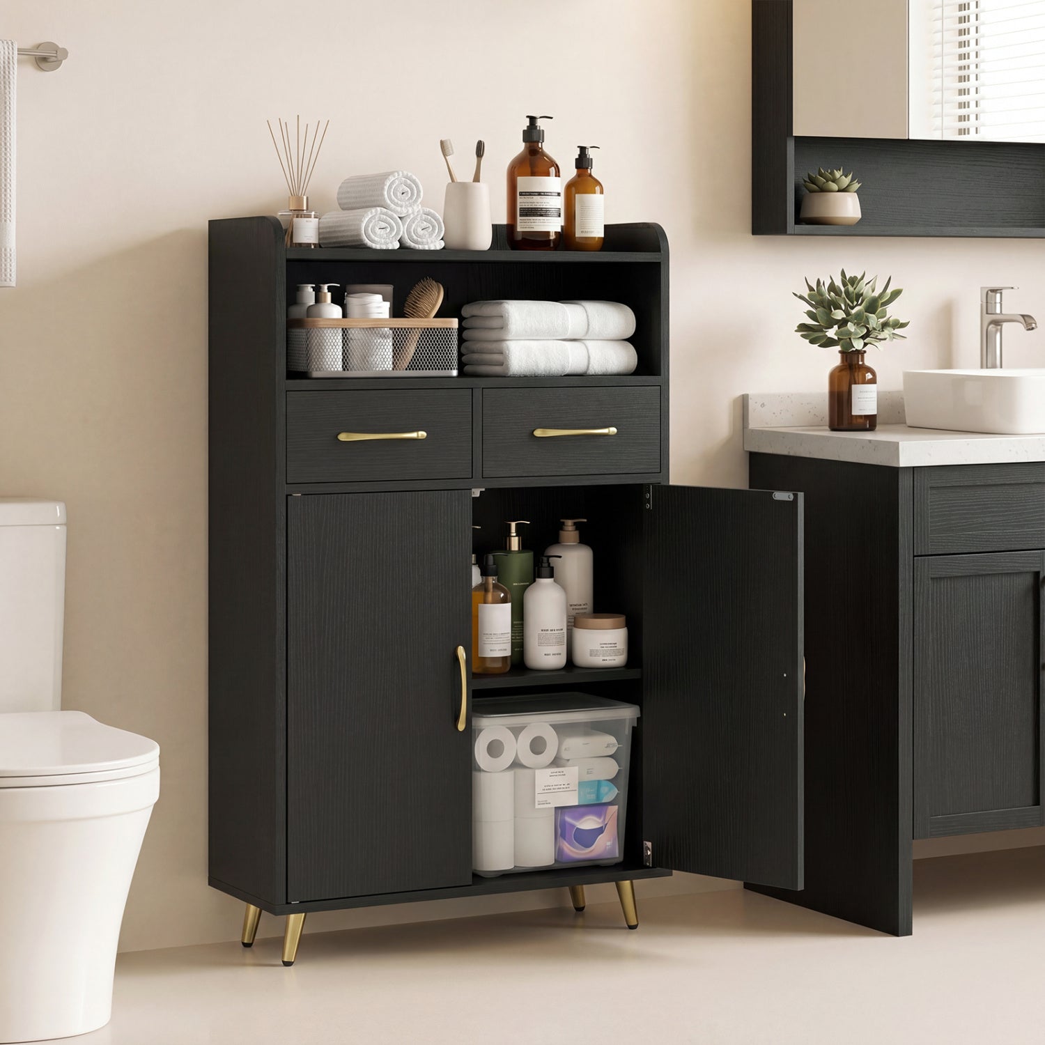 Bathroom Storage Cabinet Freestanding Floor Cabinet with 2 Drawers and 2 Doors-Black