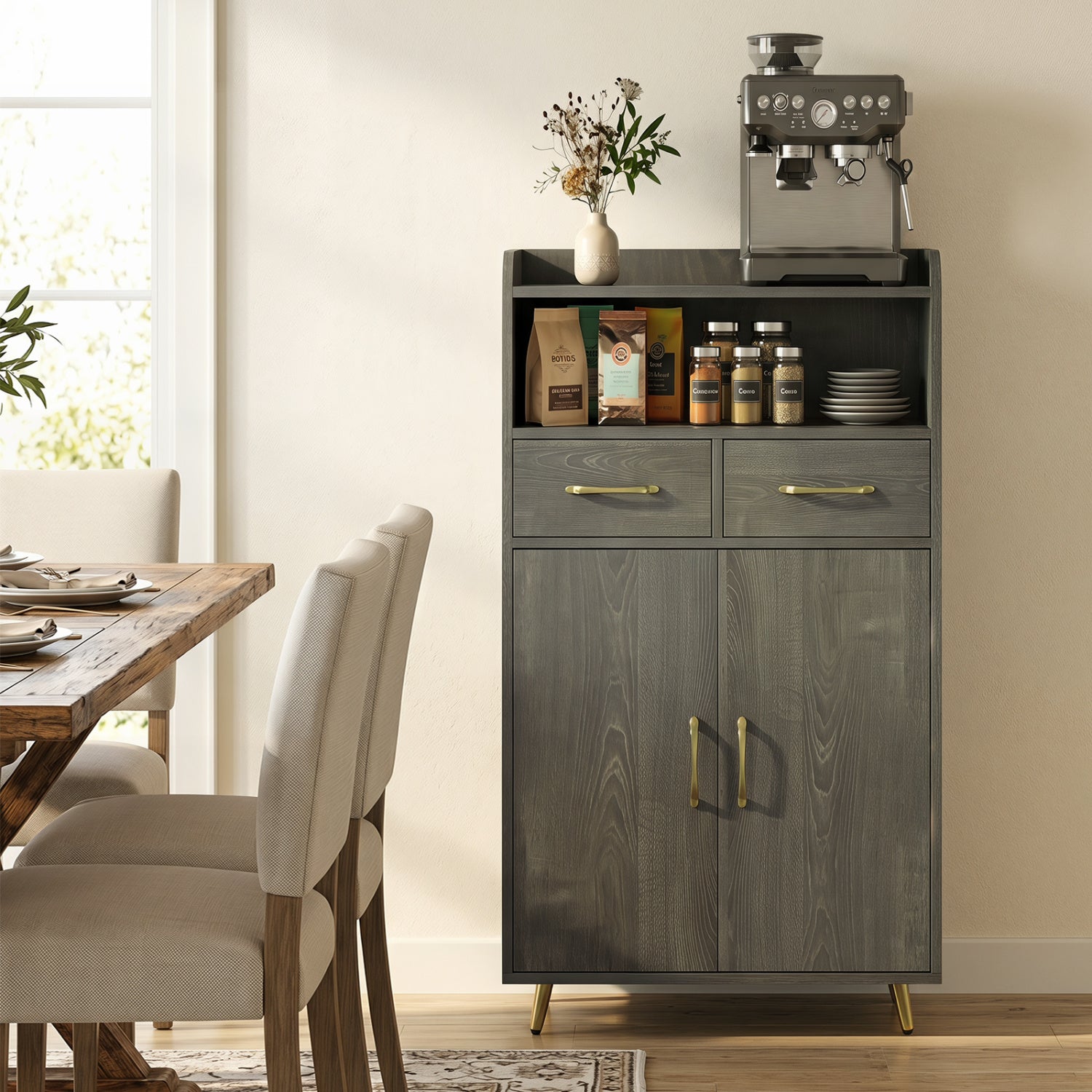 Bathroom Storage Cabinet Freestanding Floor Cabinet with 2 Drawers and 2 Doors-Gray Oak