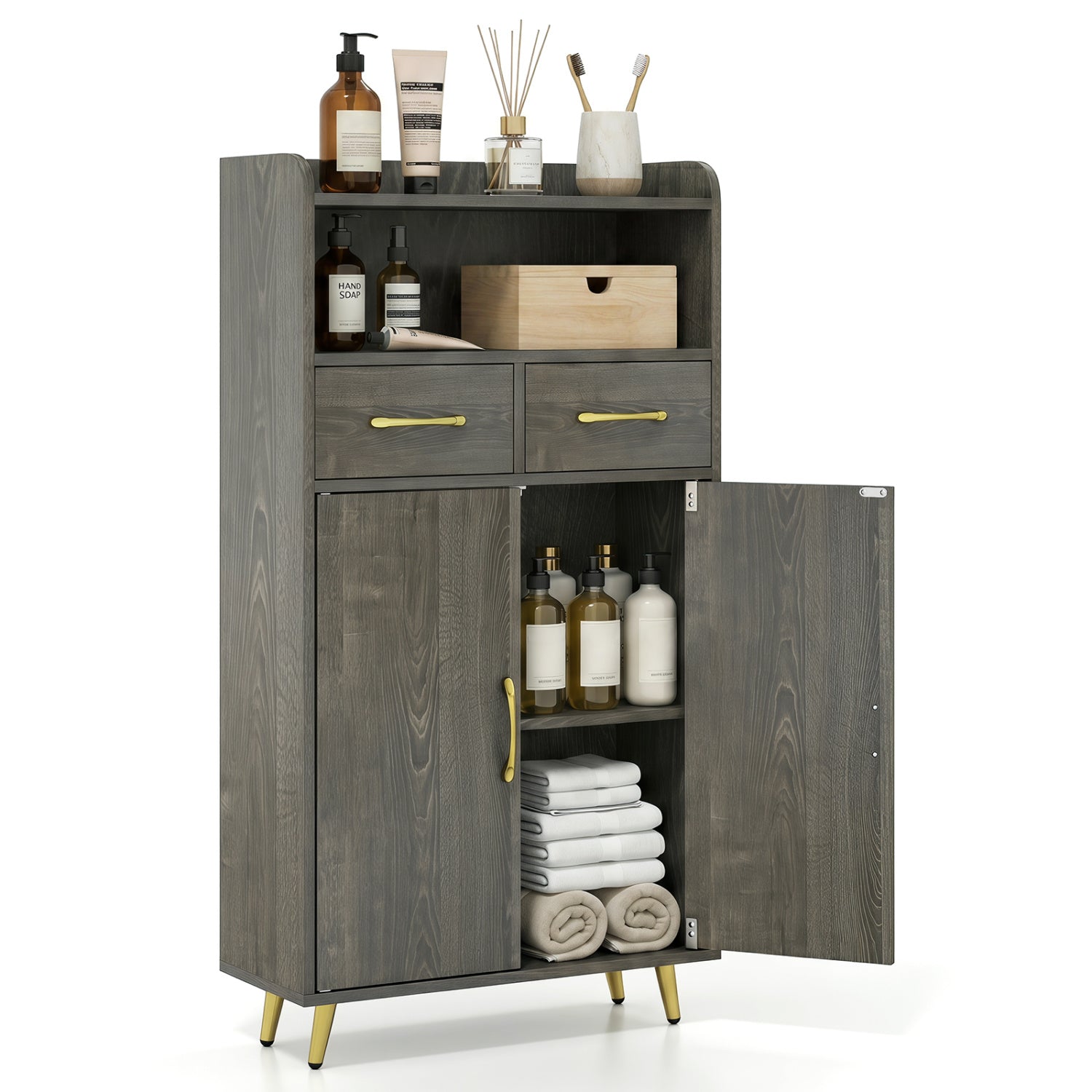 Bathroom Storage Cabinet Freestanding Floor Cabinet with 2 Drawers and 2 Doors-Gray Oak