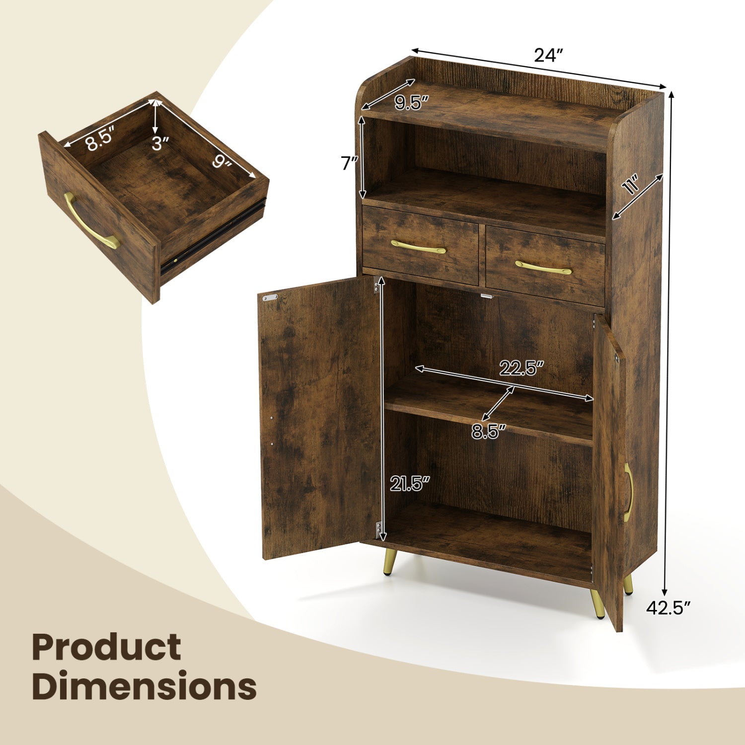 Bathroom Storage Cabinet Freestanding Floor Cabinet with 2 Drawers and 2 Doors-Rustic Brown