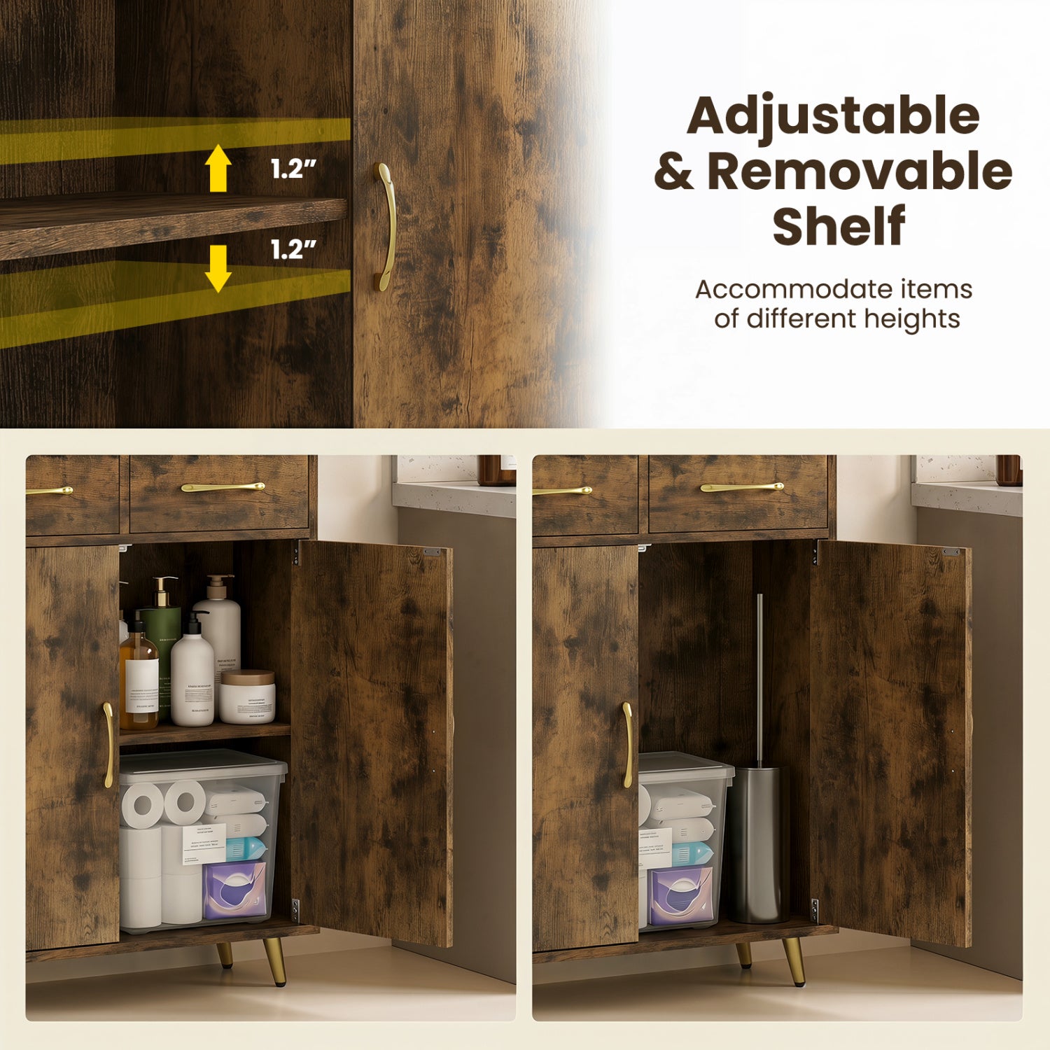 Bathroom Storage Cabinet Freestanding Floor Cabinet with 2 Drawers and 2 Doors-Rustic Brown