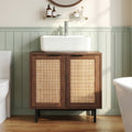 Bathroom Vanity Cabinet with U-Shaped Cut-Out 2 Rattan Doors and Shelf-Brown
