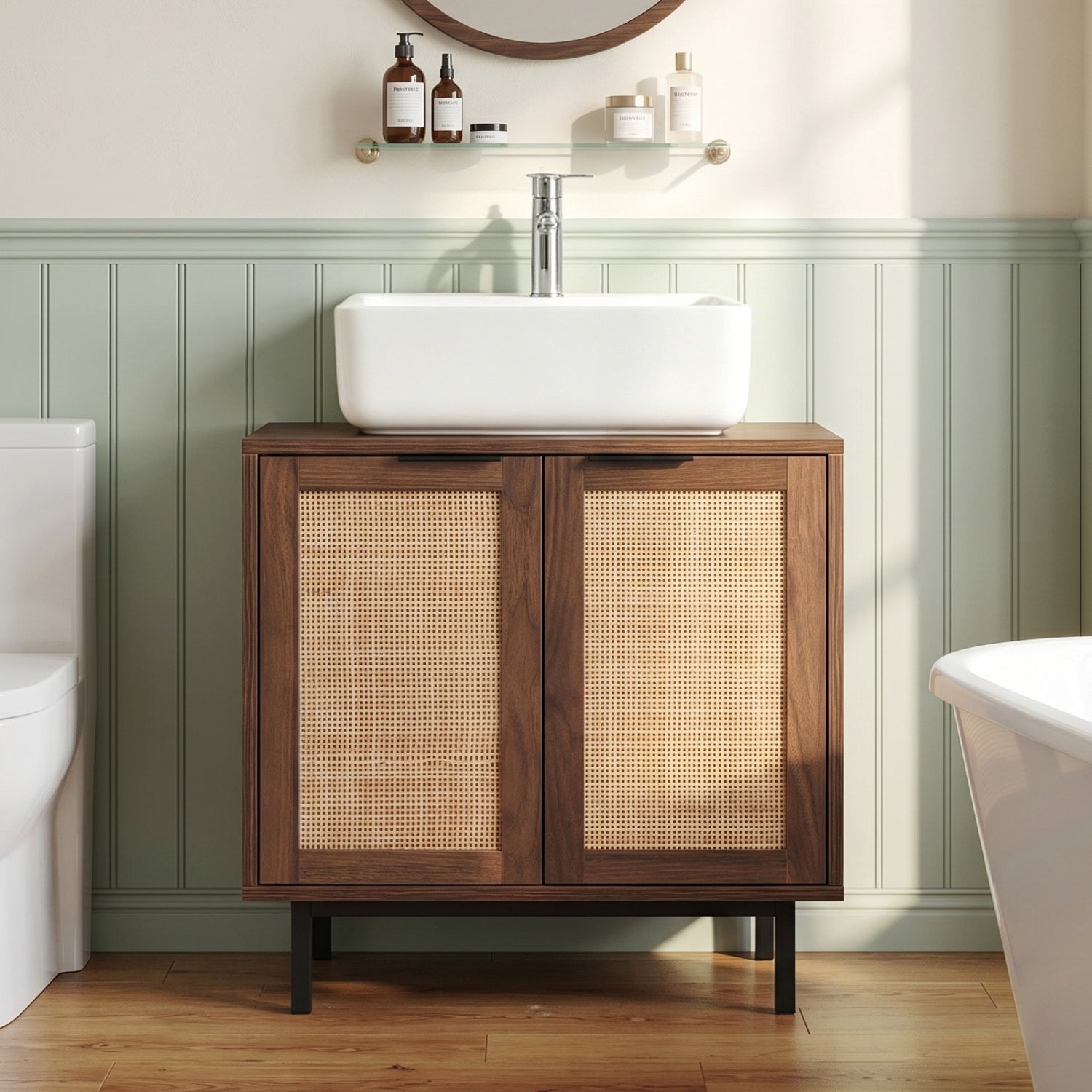 Bathroom Vanity Cabinet with U-Shaped Cut-Out 2 Rattan Doors and Shelf-Brown