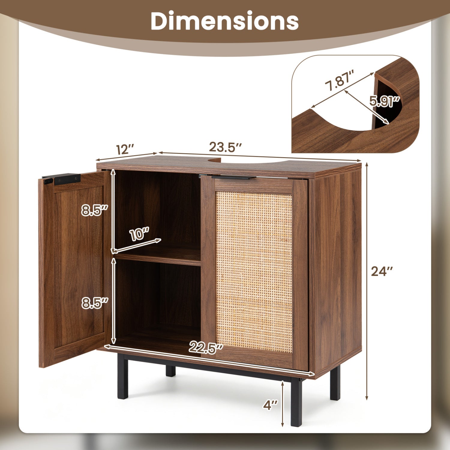 Bathroom Vanity Cabinet with U-Shaped Cut-Out 2 Rattan Doors and Shelf-Brown
