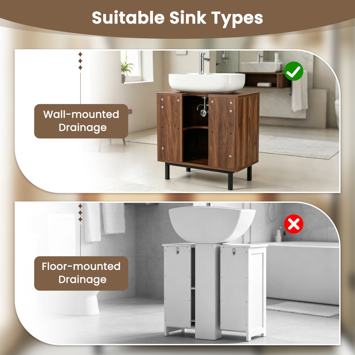Bathroom Vanity Cabinet with U-Shaped Cut-Out 2 Rattan Doors and Shelf-Brown