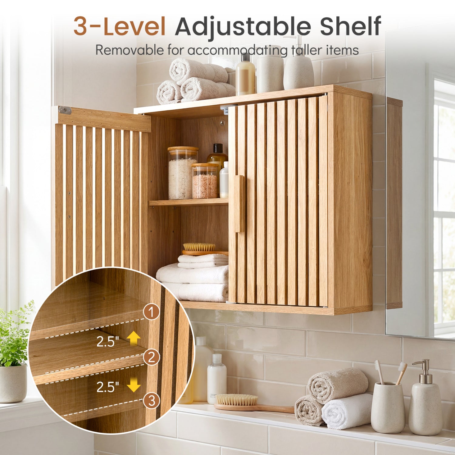 Bathroom Wall Cabinet with 2 Slatted Doors and 3-Level Adjustable Shelves-Natural