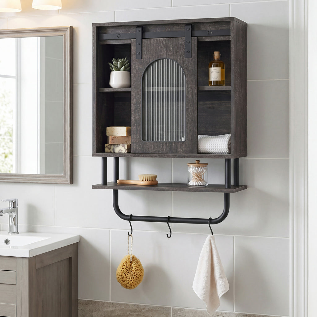 Bathroom Wall Cabinet with Sliding Barn Door and Metal Hanging Bar with 3 Hooks-Black