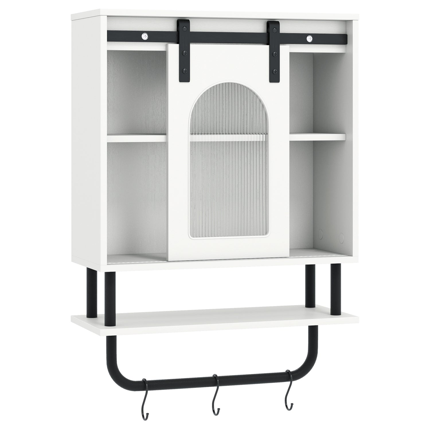 Bathroom Wall Cabinet with Sliding Barn Door and Metal Hanging Bar with 3 Hooks-White