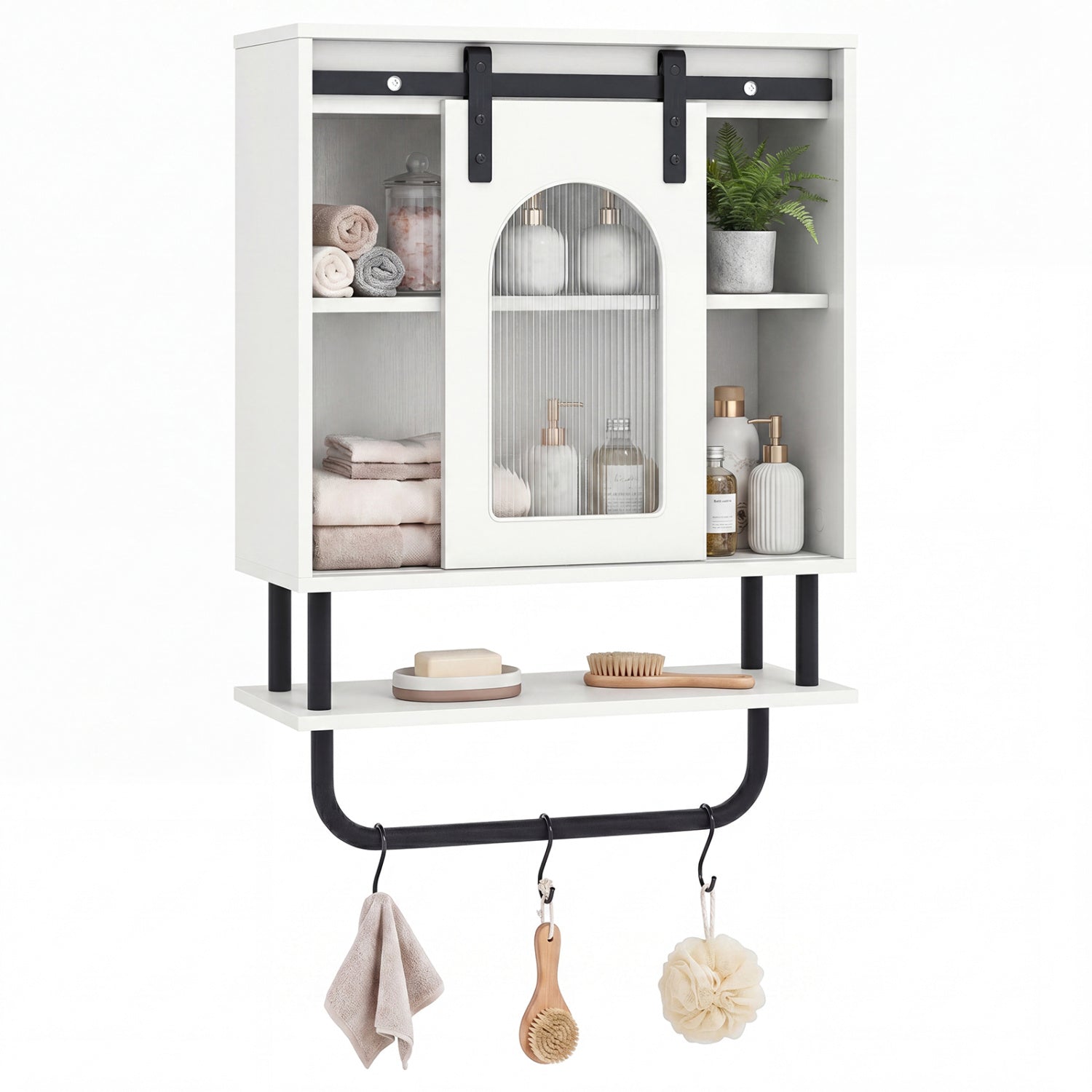 Bathroom Wall Cabinet with Sliding Barn Door and Metal Hanging Bar with 3 Hooks-White